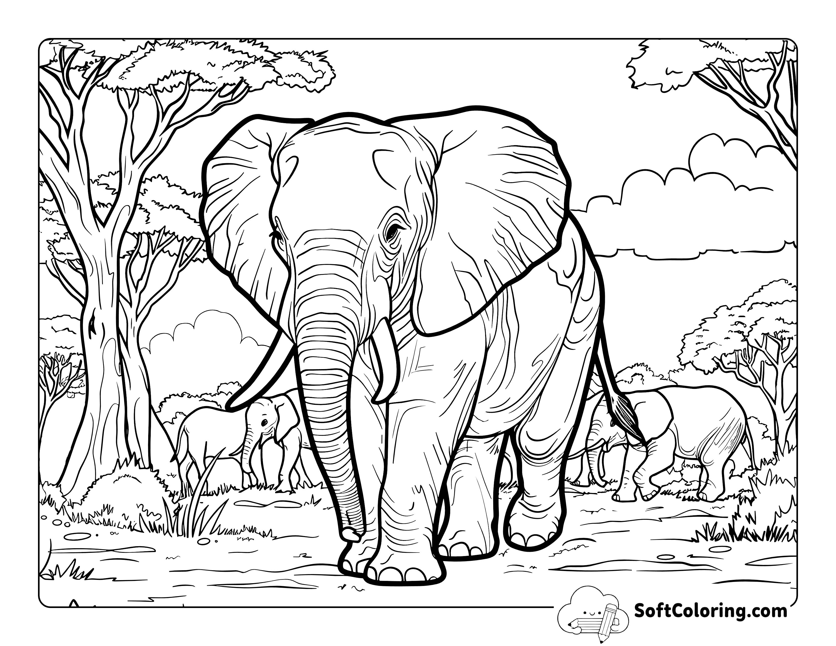 Detailed Realistic Elephant Coloring Page for Adults