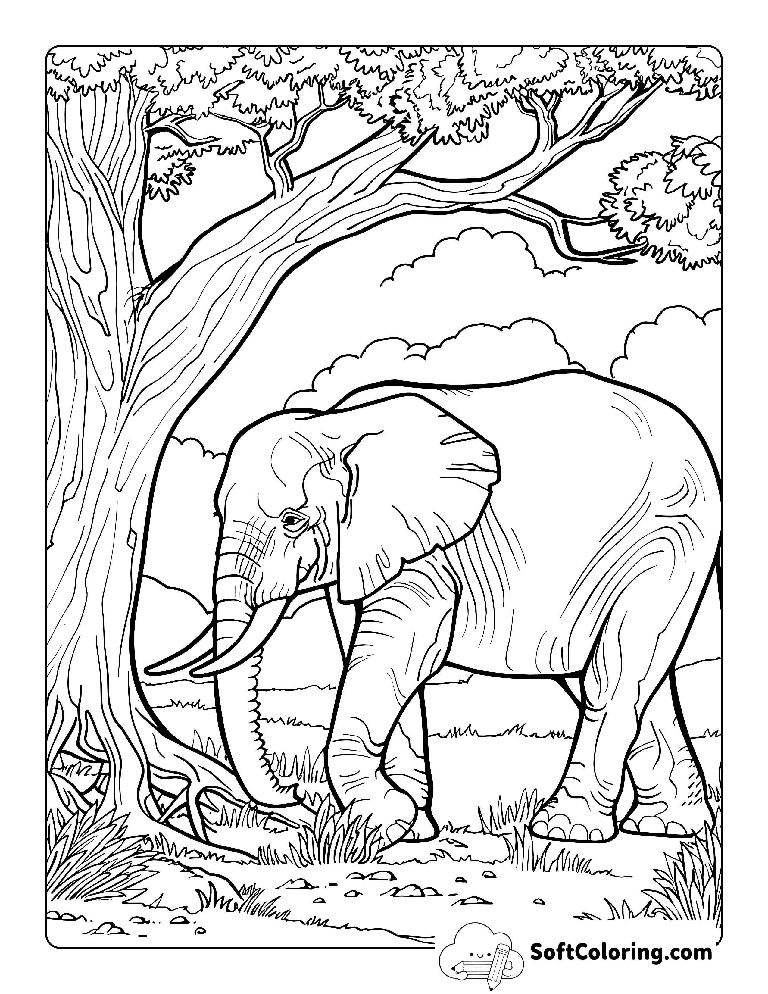 Realistic Elephant under Tree Coloring Sheet Printable