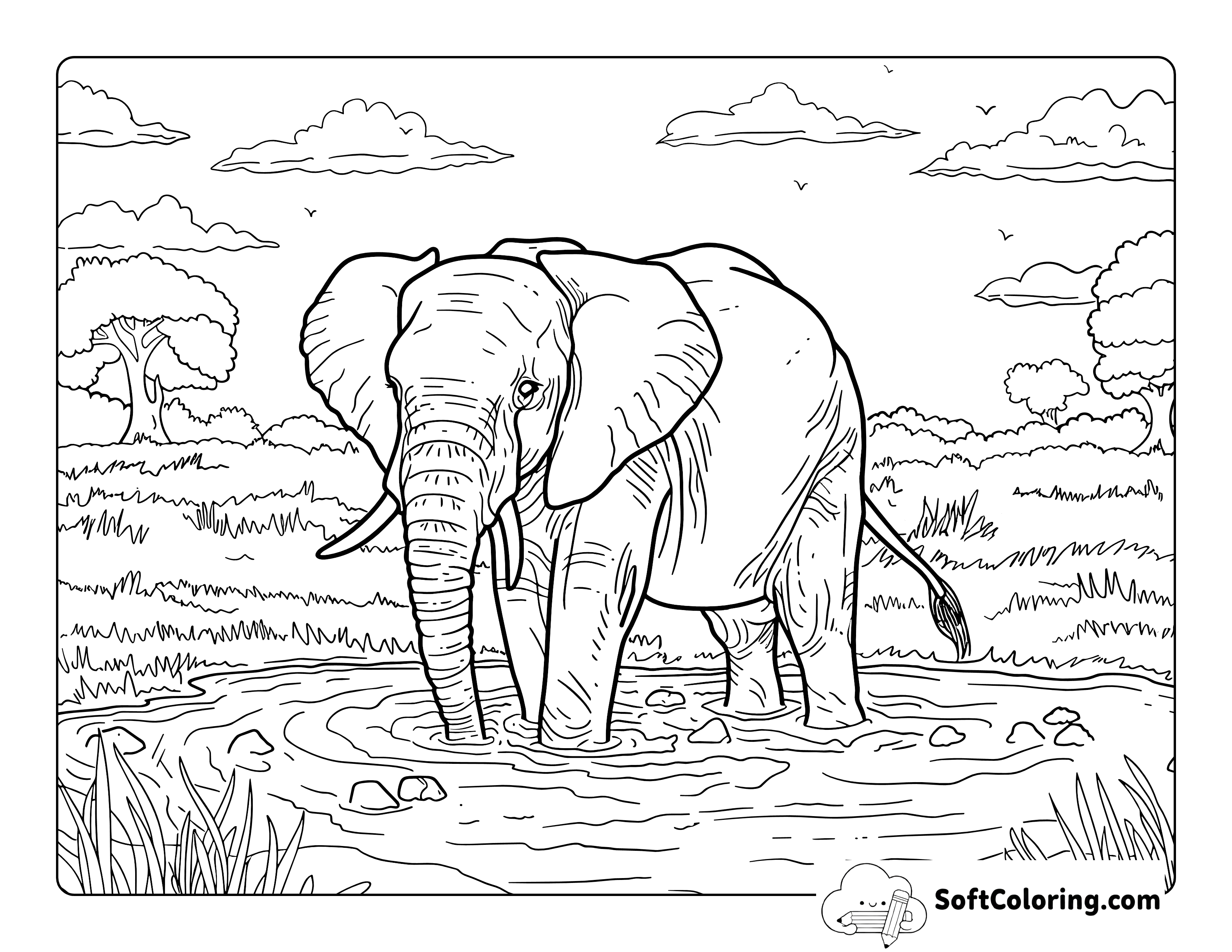 Detailed Printable Elephant Coloring Sheet for Adults