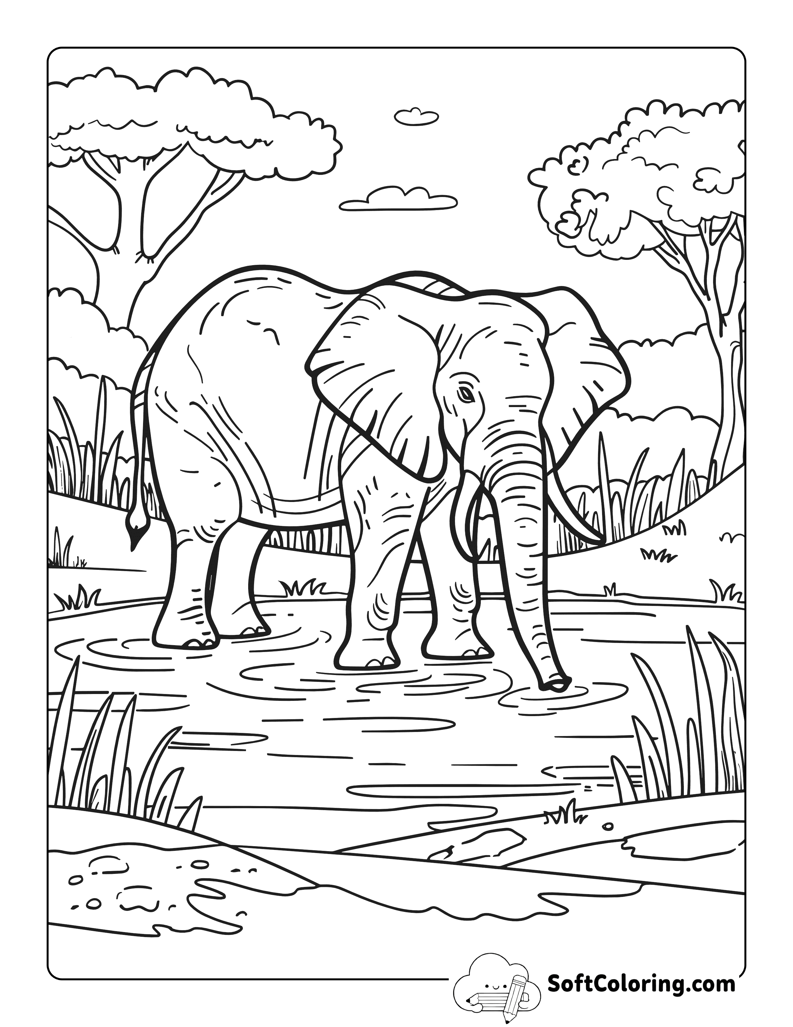 Realistic Elephant and Environment Coloring Page for Adults