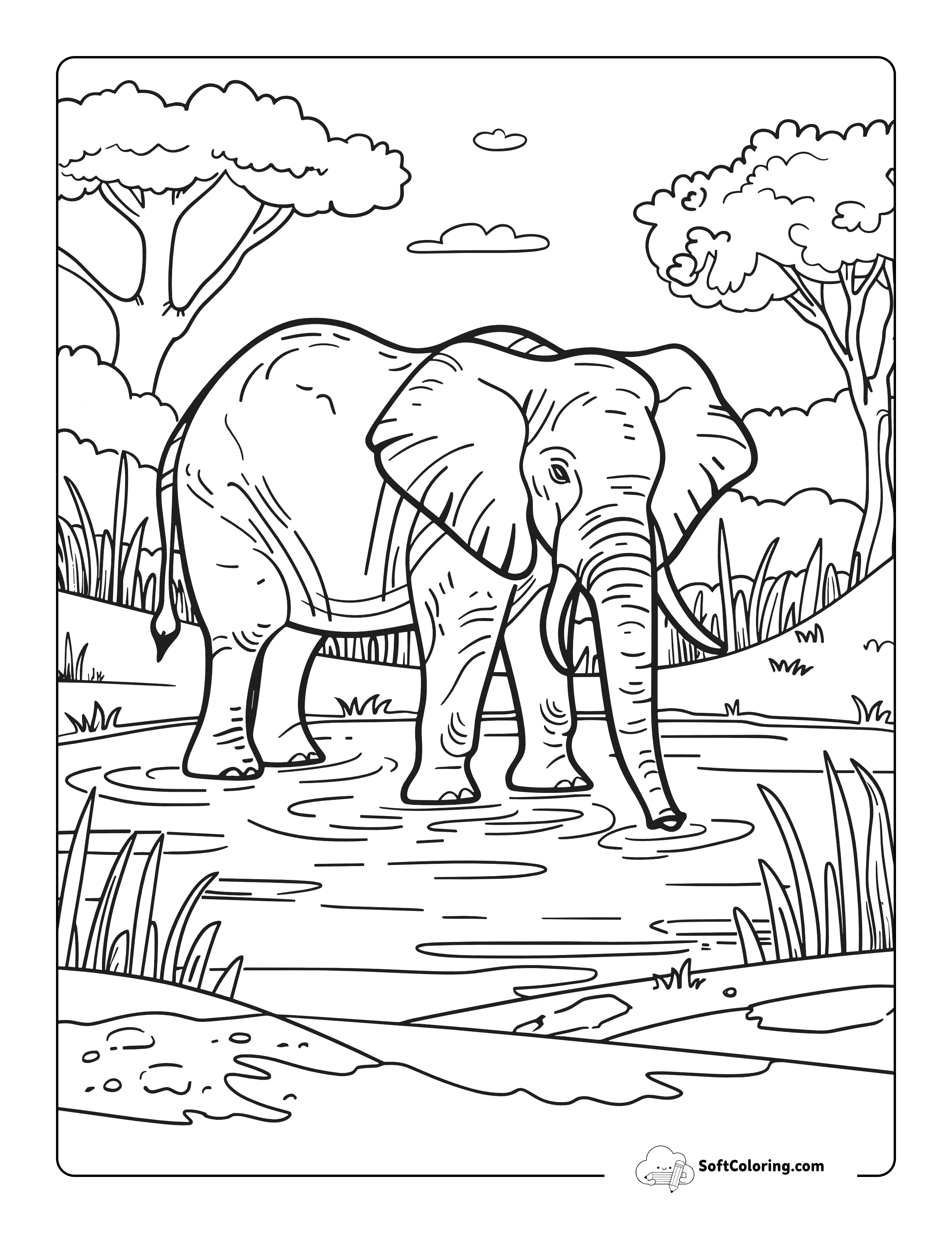 Realistic Elephant And Environment Coloring Page For Adults