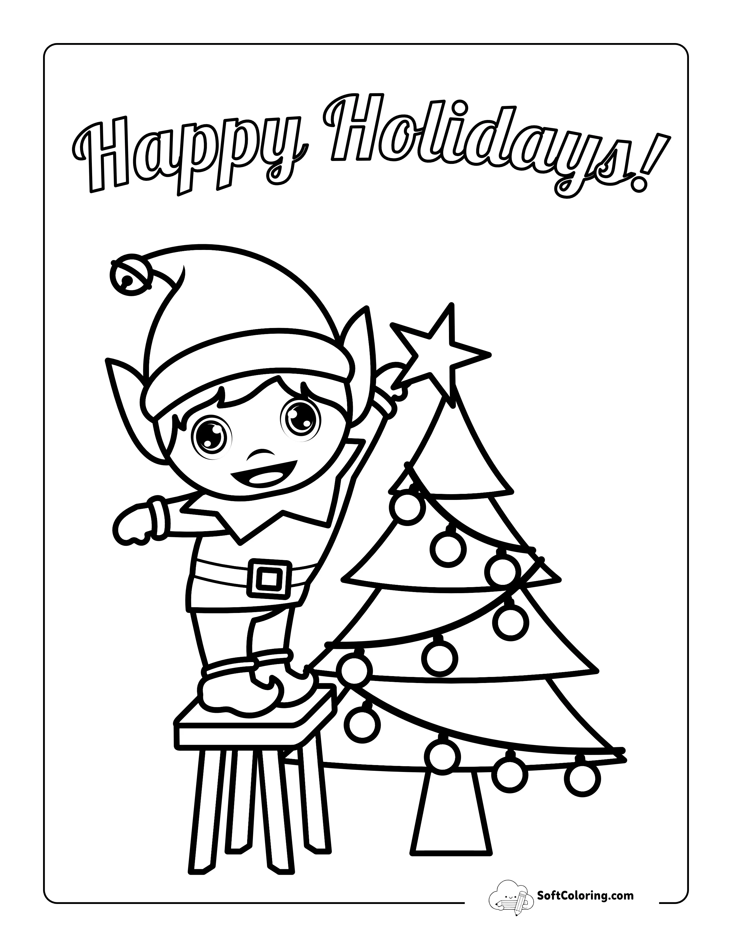 "Happy Holidays" Elf Decorating Christmas Tree Picture