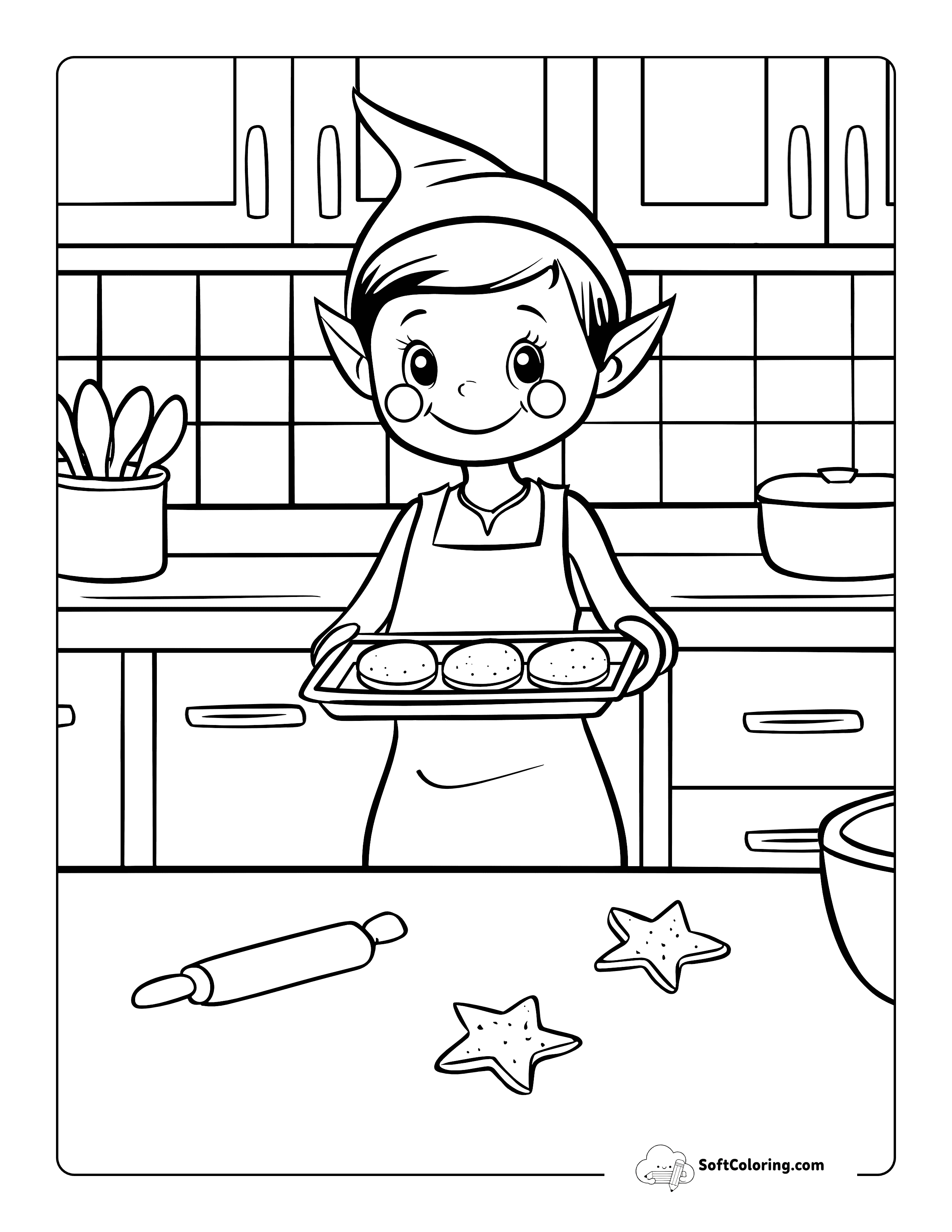 *New* Elf Baking Christmas Cookies Coloring Page