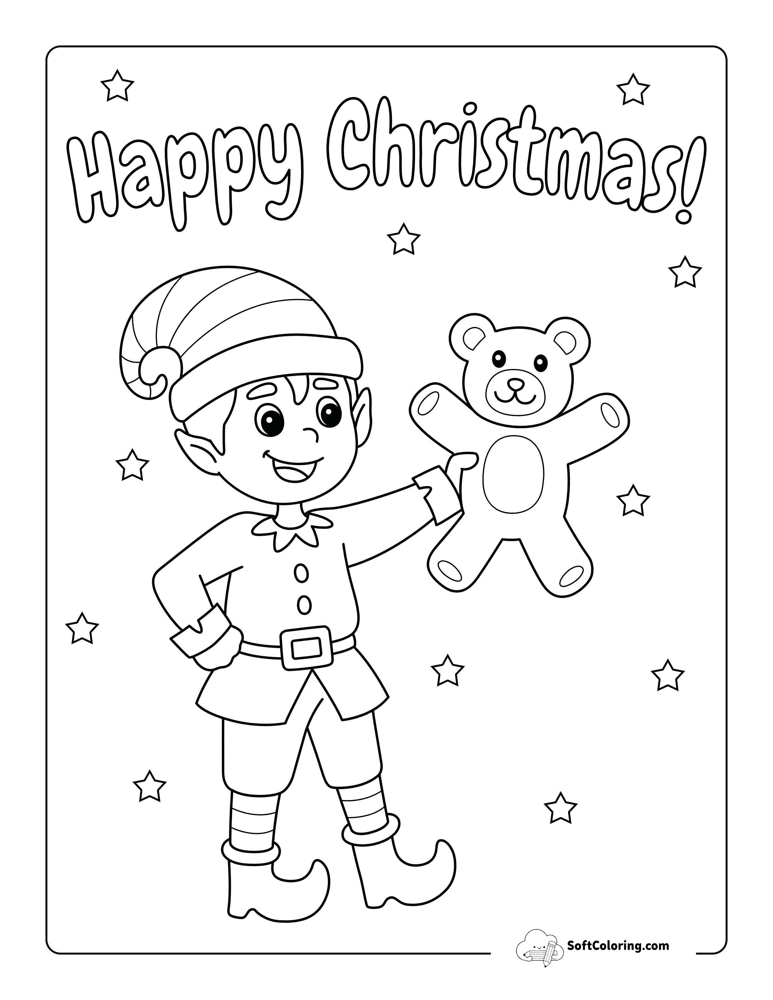 "Happy Christmas" Elf With Teddy Bear Picture To Color