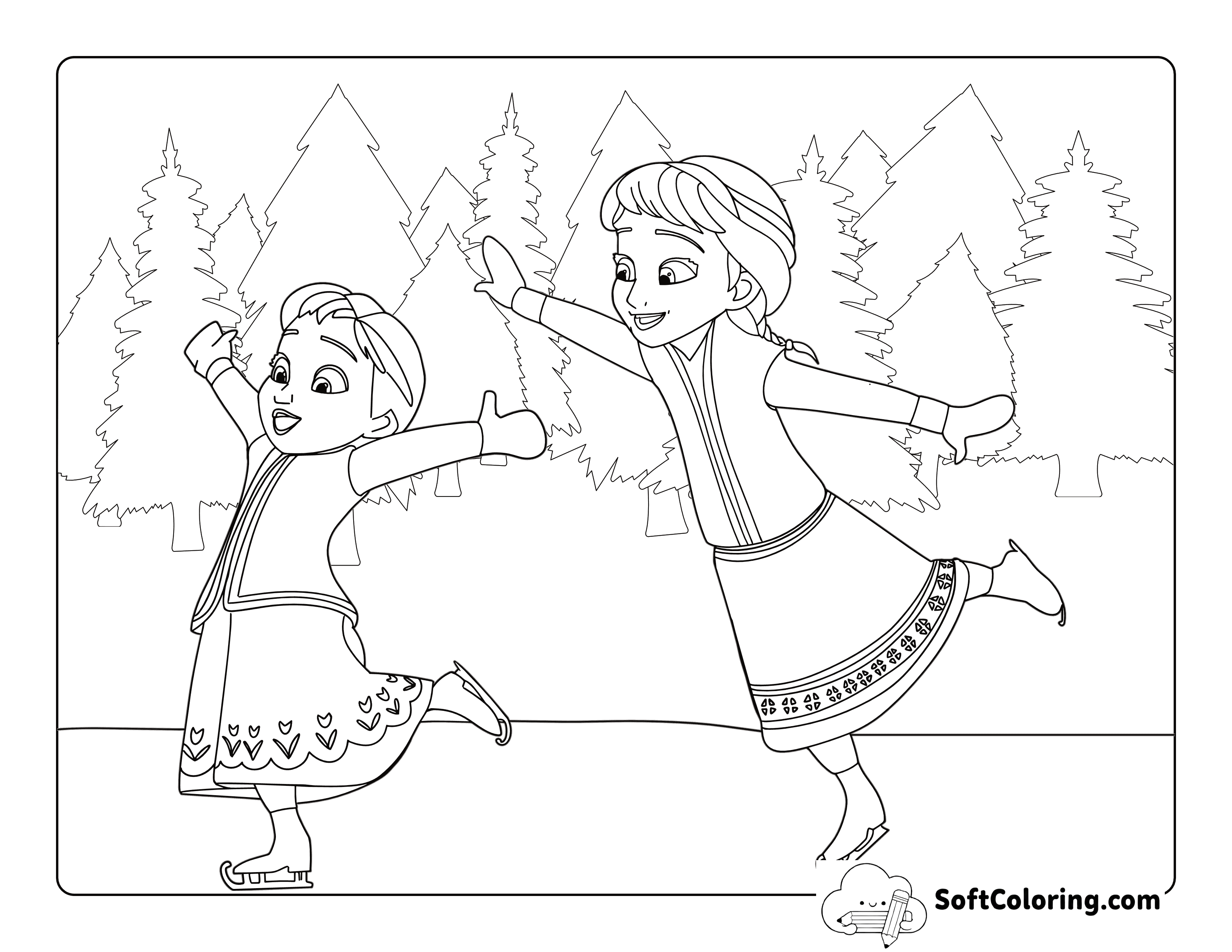 Cute Young Elsa and Anna-Inspired Ice-Skating Coloring Page