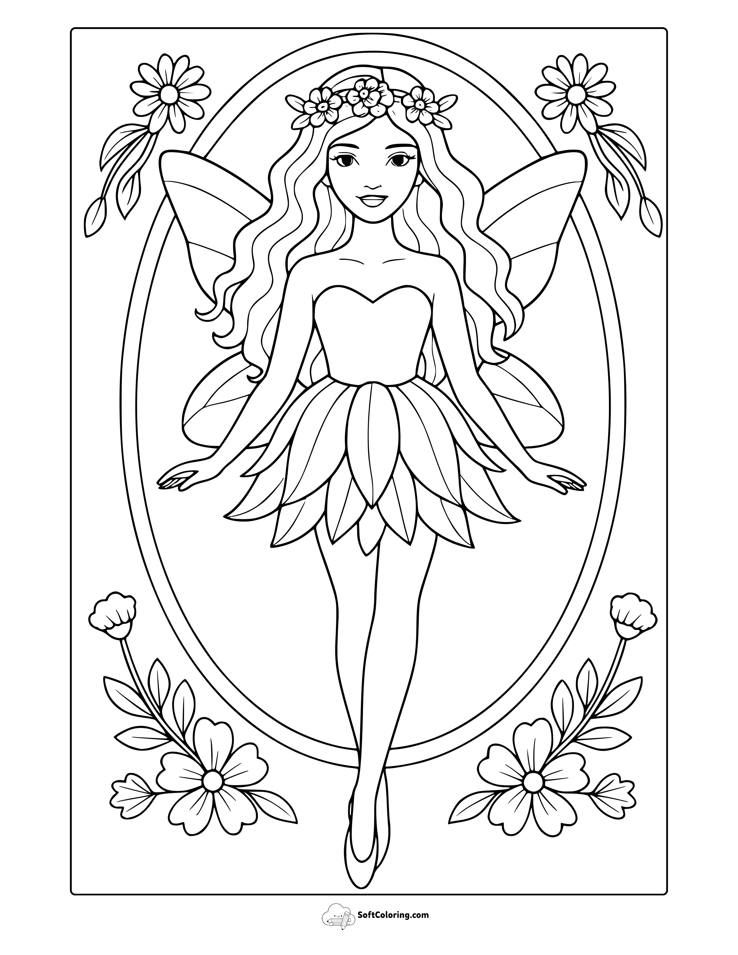 Fairy And Flowers Coloring Page