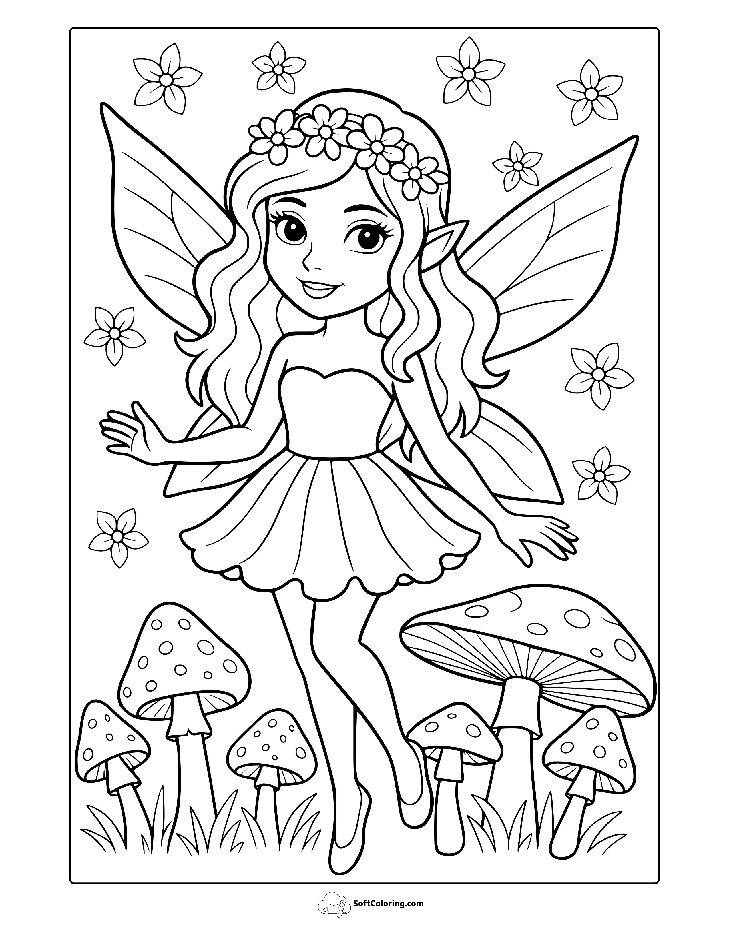 Fairy And Mushrooms Coloring Page