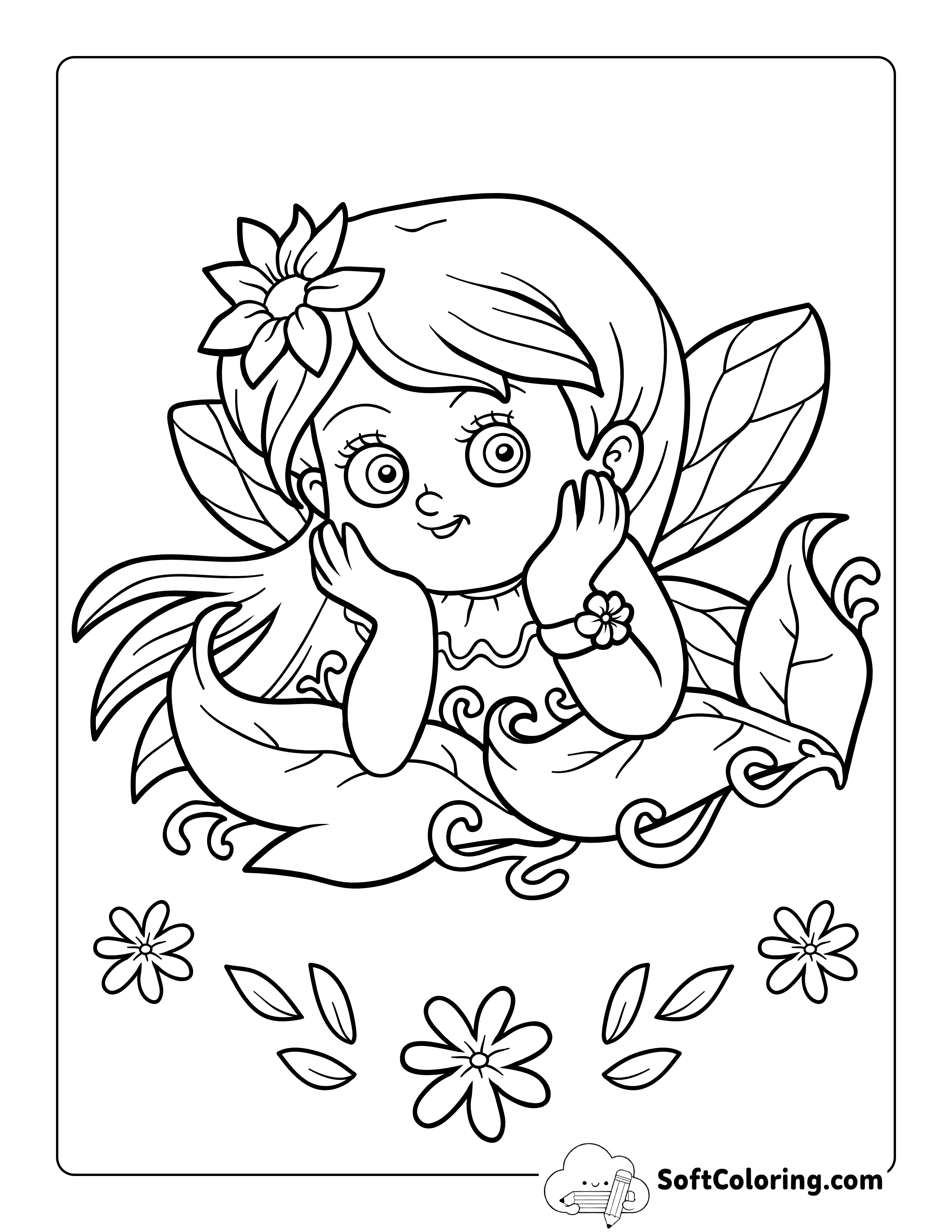 Fairy Hiding in Leaves Coloring Sheet