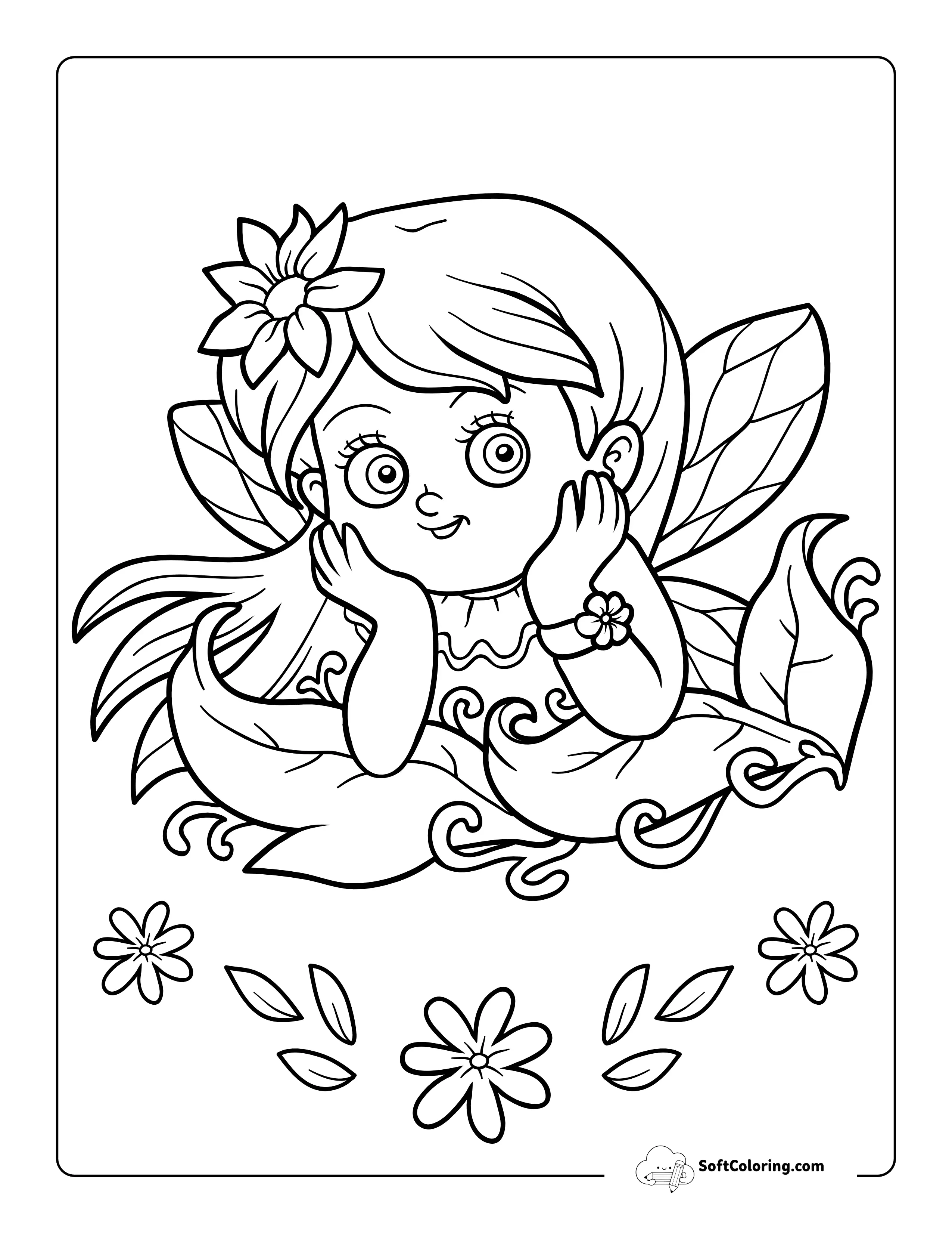 Fairy Hiding In Leaves Coloring Sheet