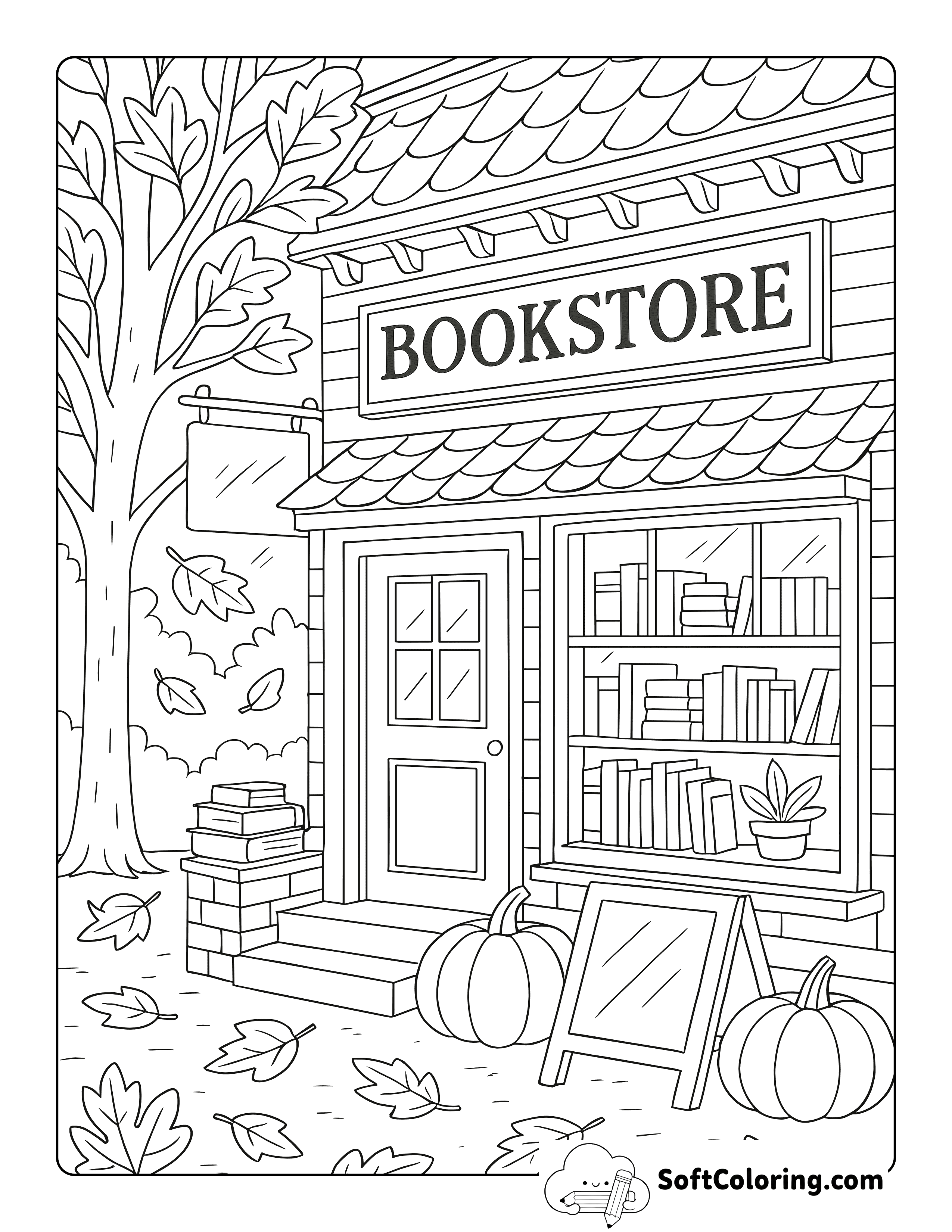 New Cozy Bookstore In Autumn Coloring Page