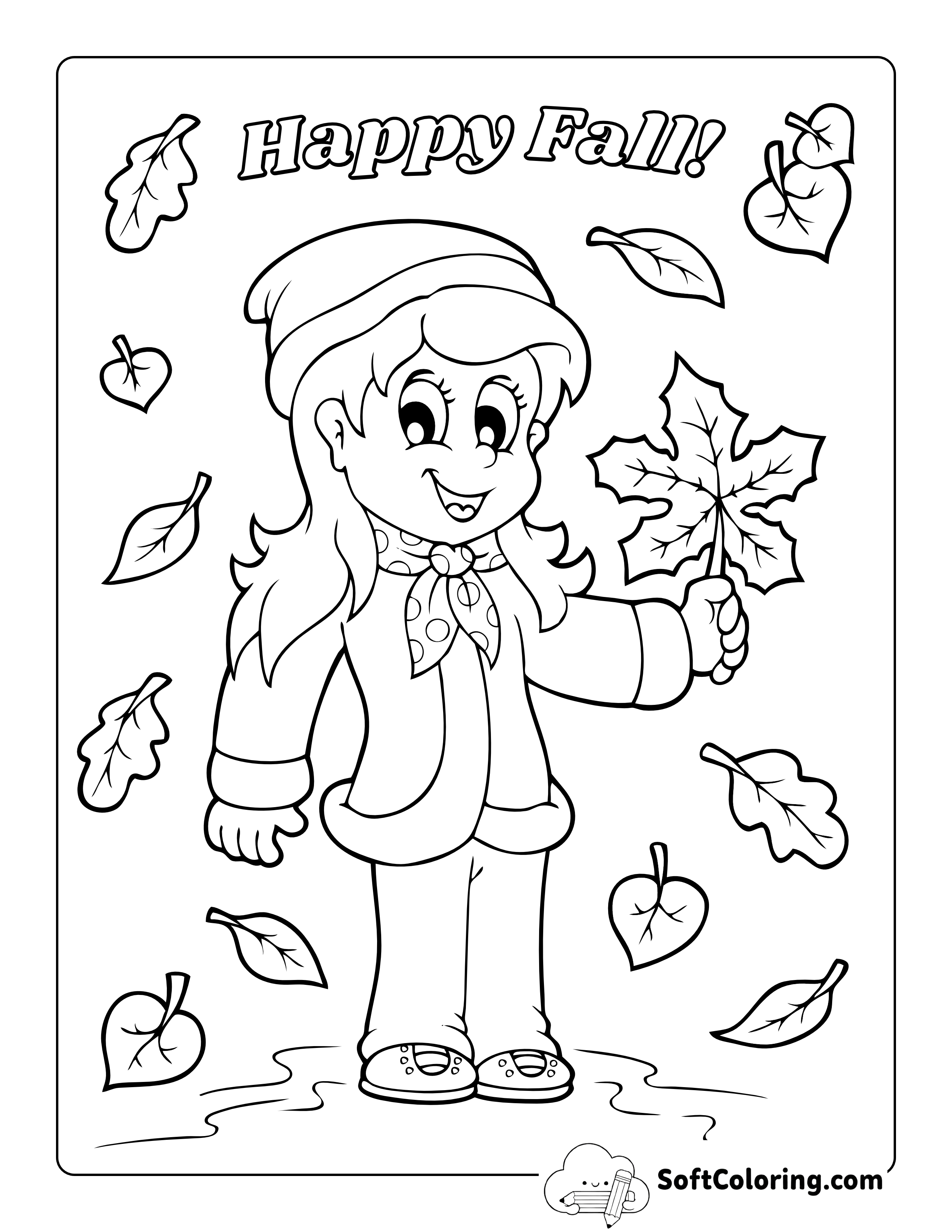 Girl in Fall Leaves Coloring Page