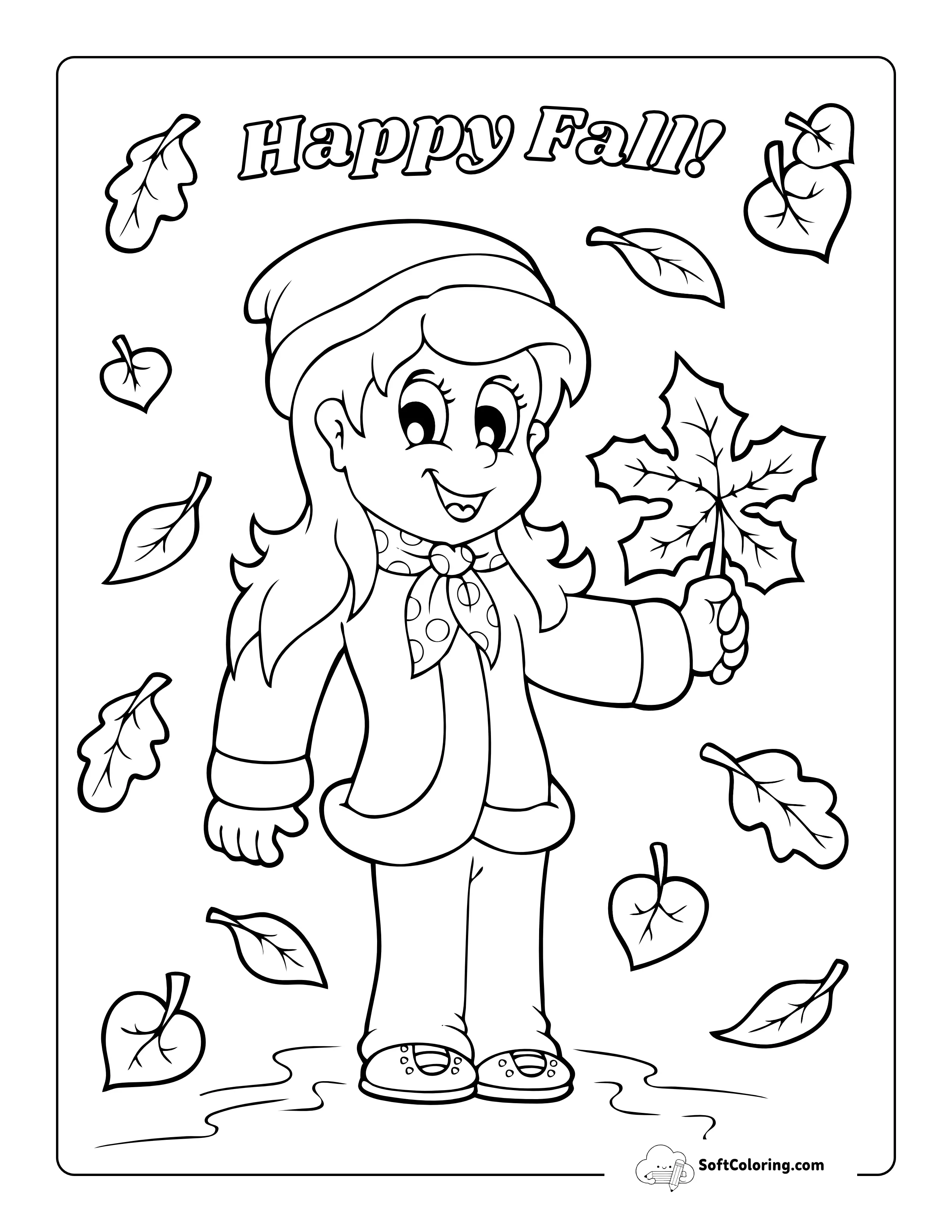 Girl In Fall Leaves Coloring Page