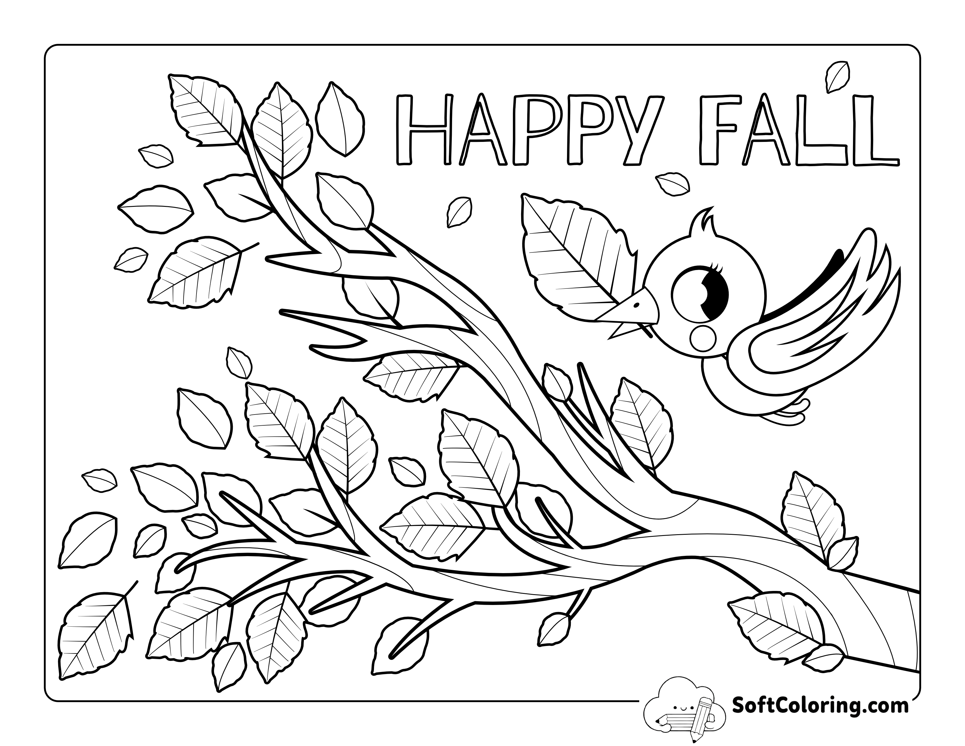 Cute Bird with Leaf Coloring Page