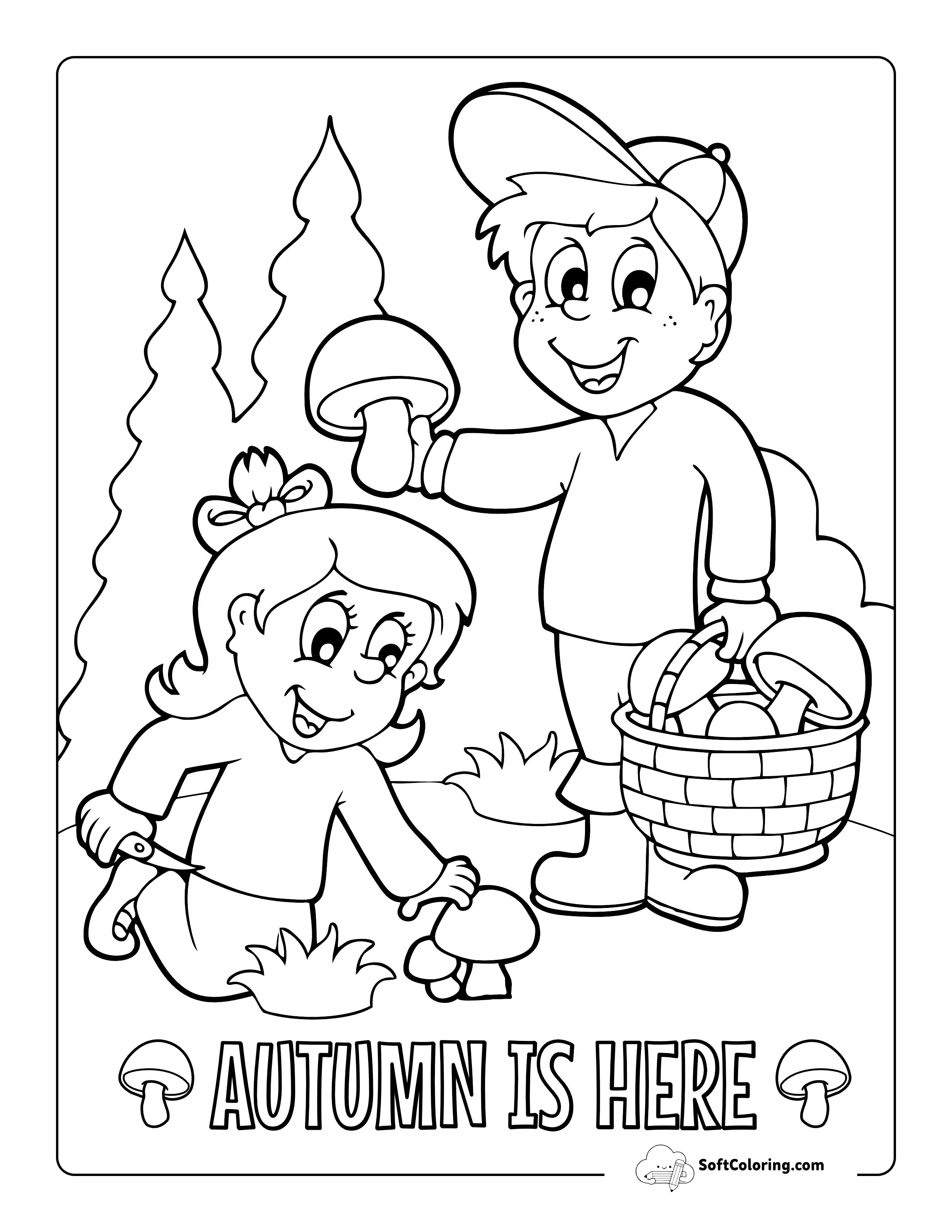 Children Foraging Mushrooms Coloring Page