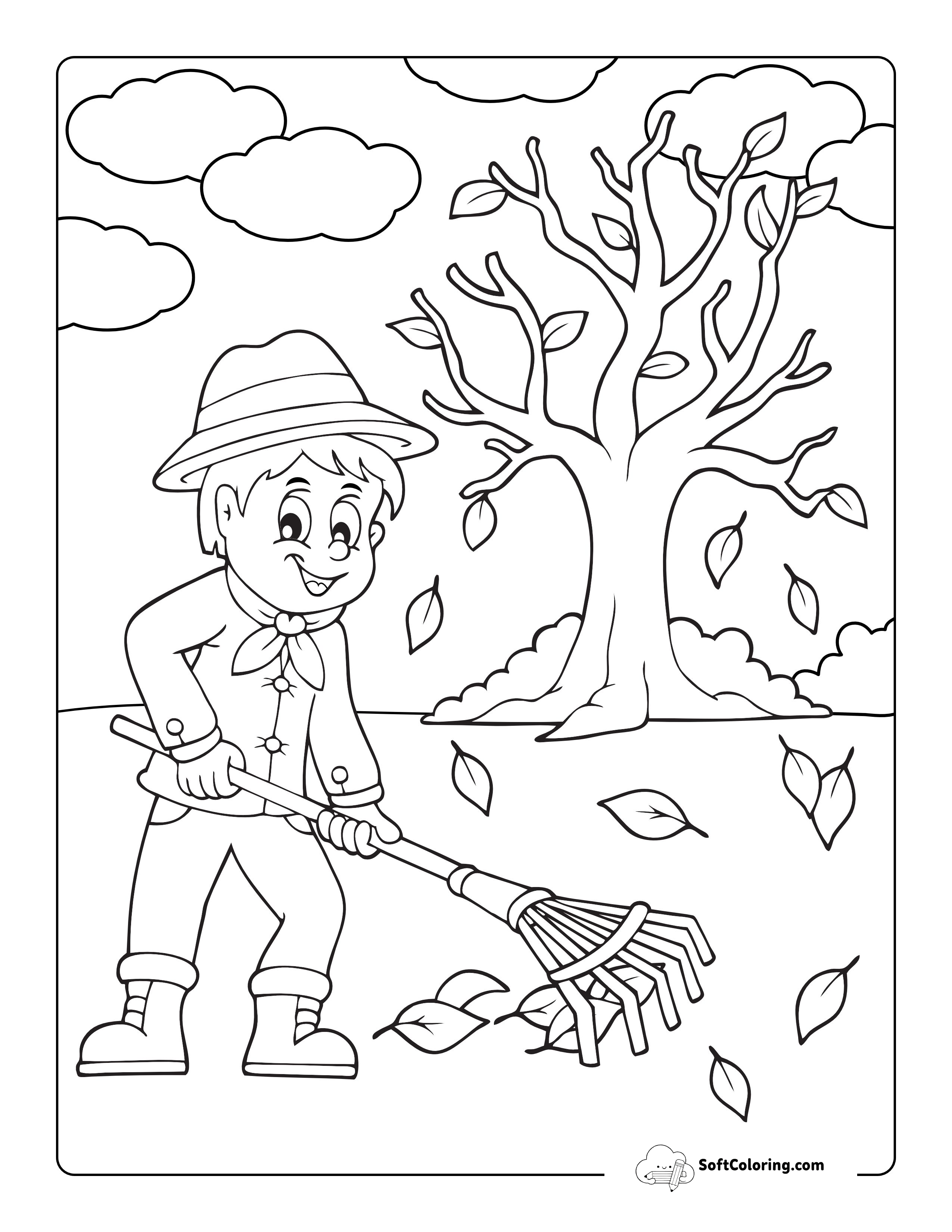 Boy Raking Fallen Leaves Tree Coloring Page