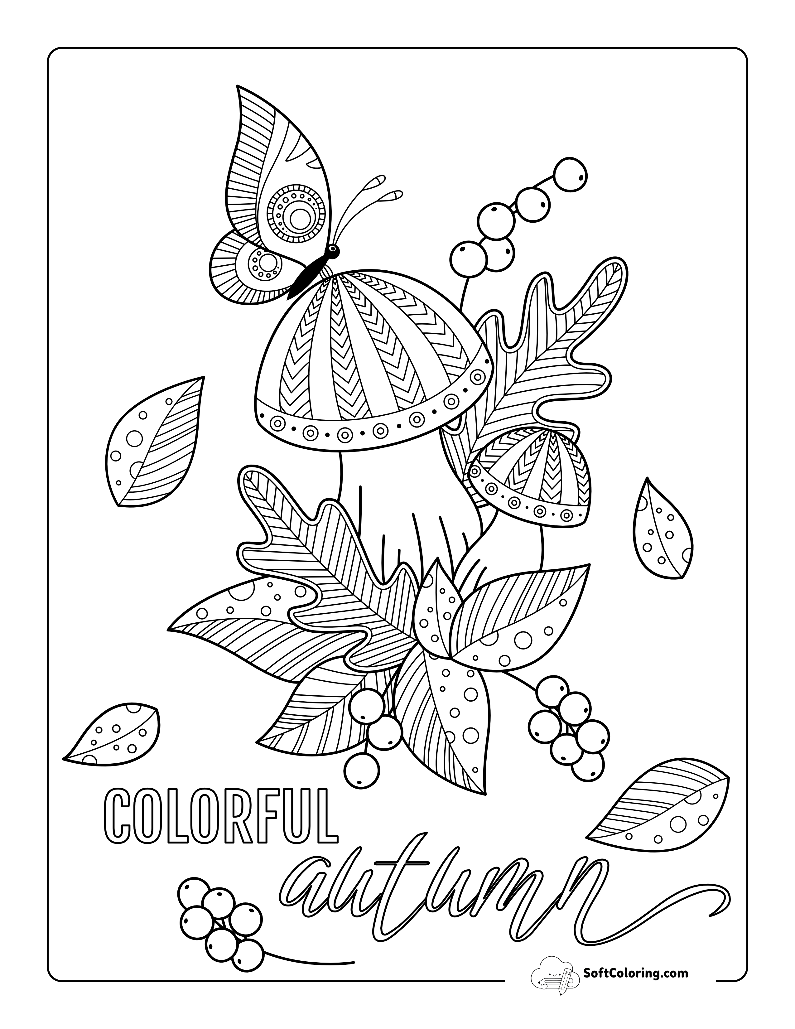 Butterfly On Mushroom Fall Coloring Page For Adults