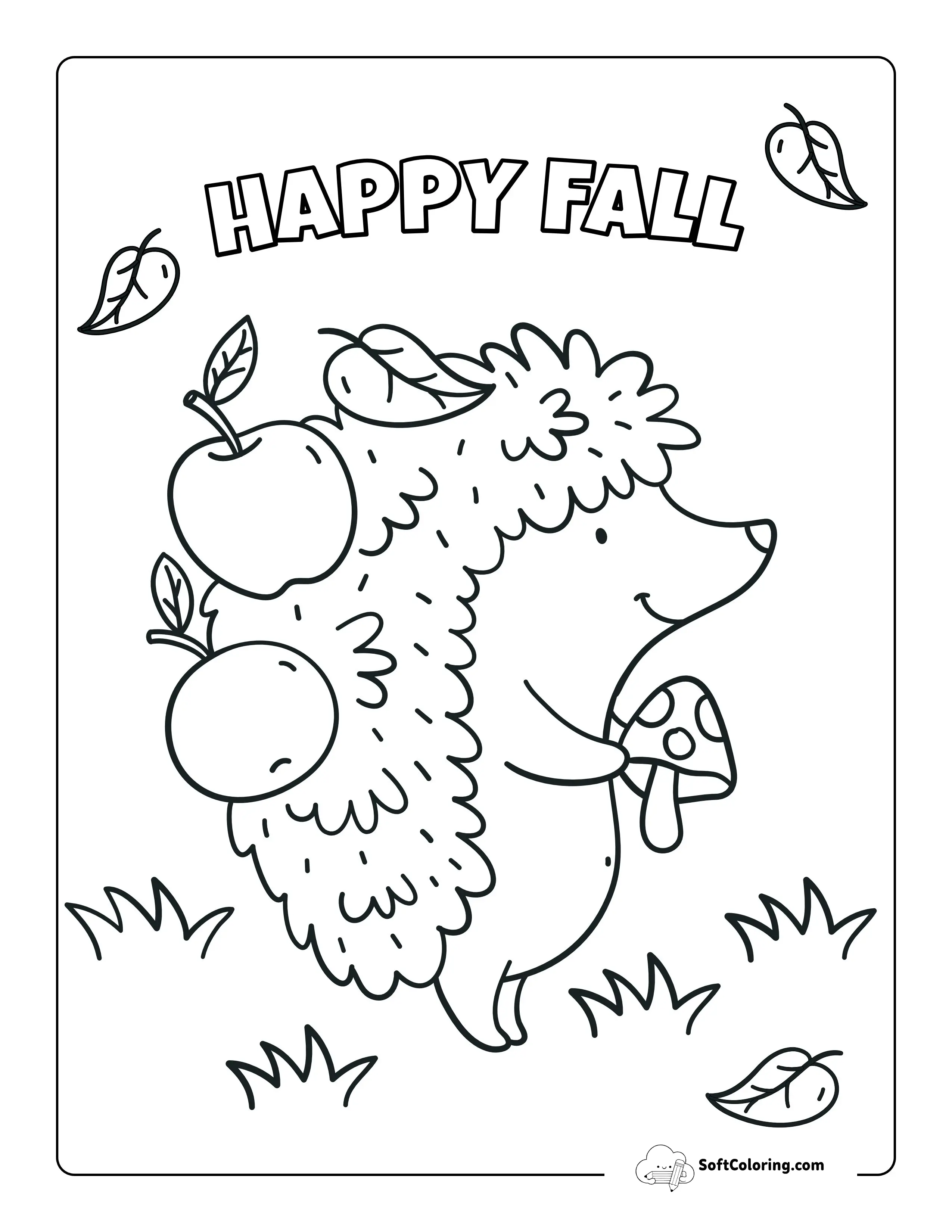 "Happy Fall" Cute Hedgehog & Apples Coloring Page