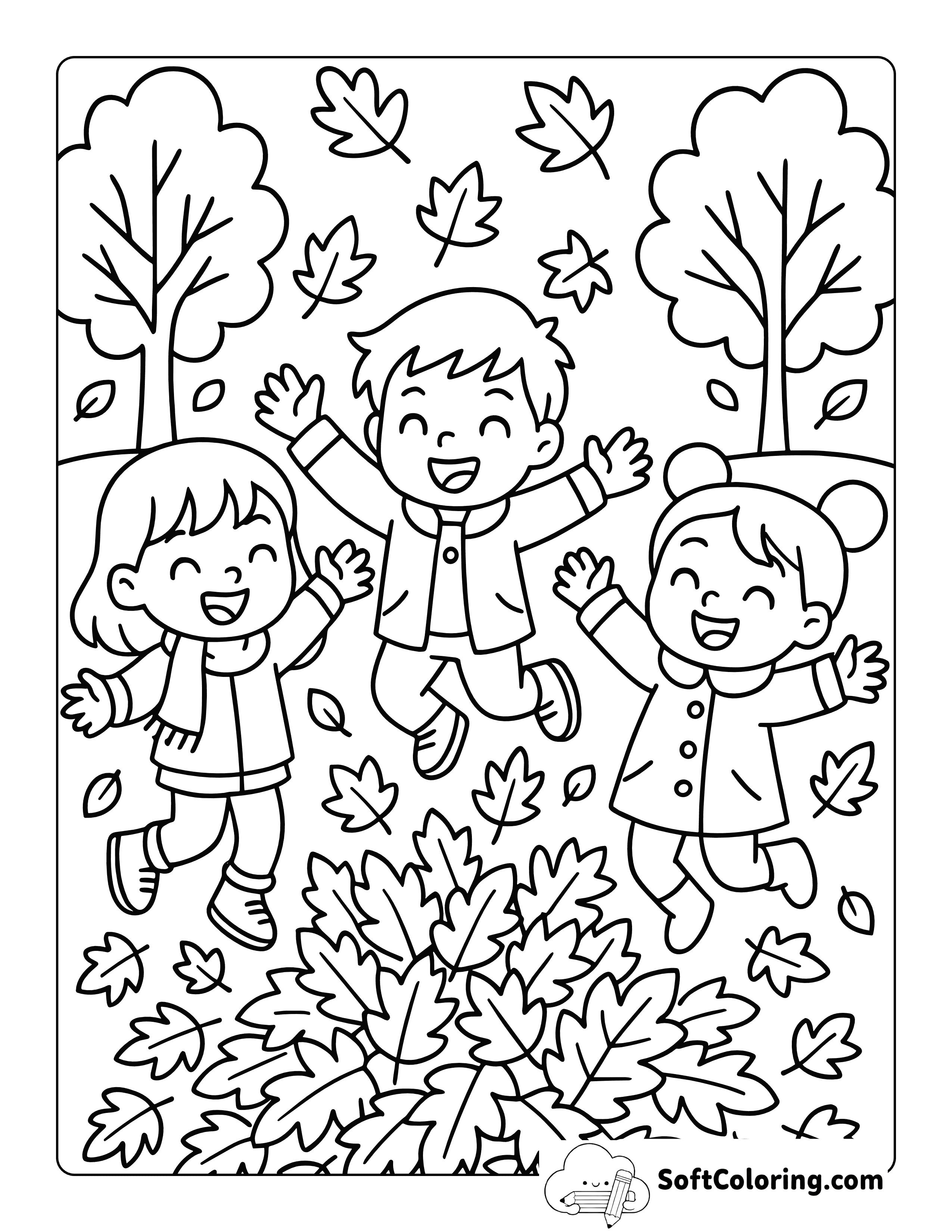 New Cute Easy Kids Jumping In Fall Leaves Coloring Page