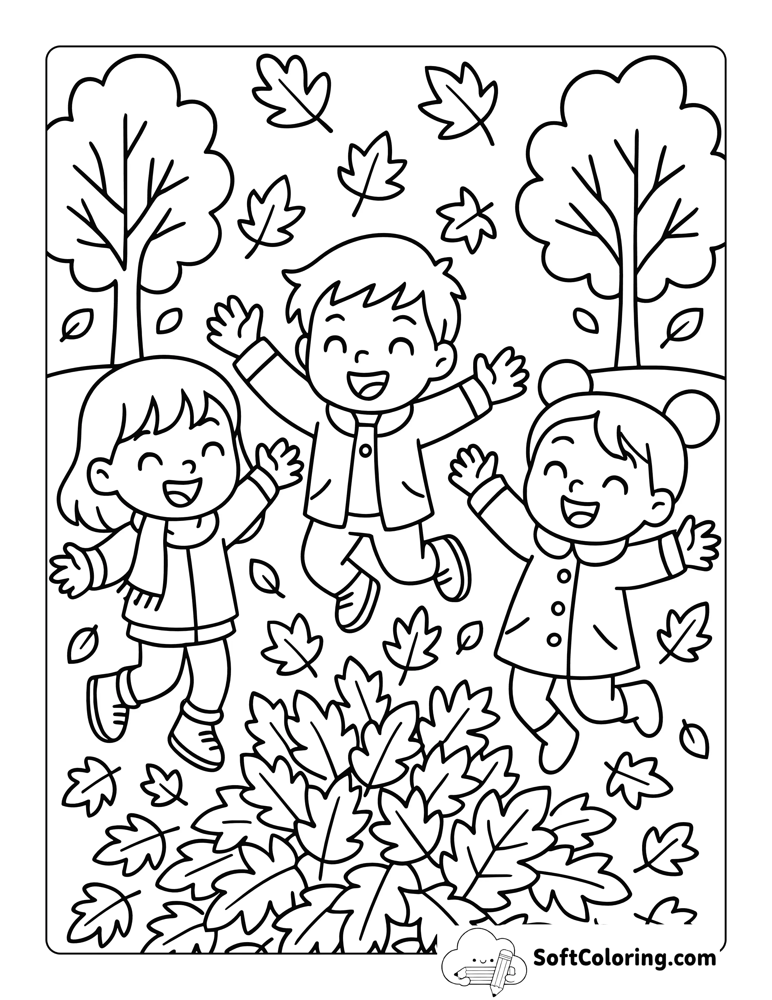 New Cute Easy Kids Jumping In Fall Leaves Coloring Page