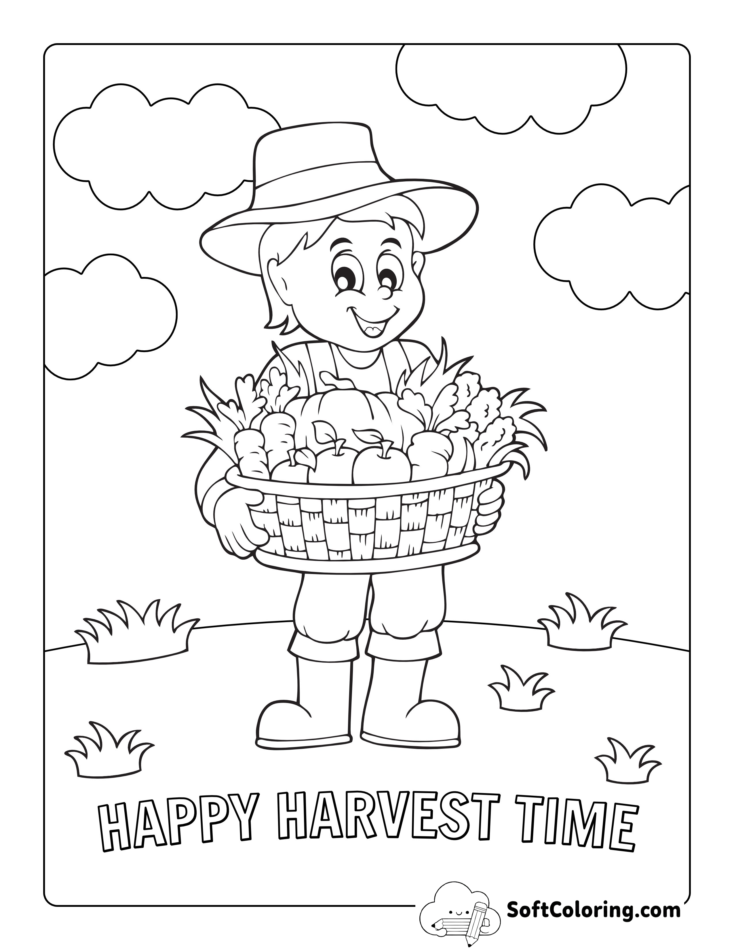 Farmer With Basket Of Fall Harvest Picture To Color