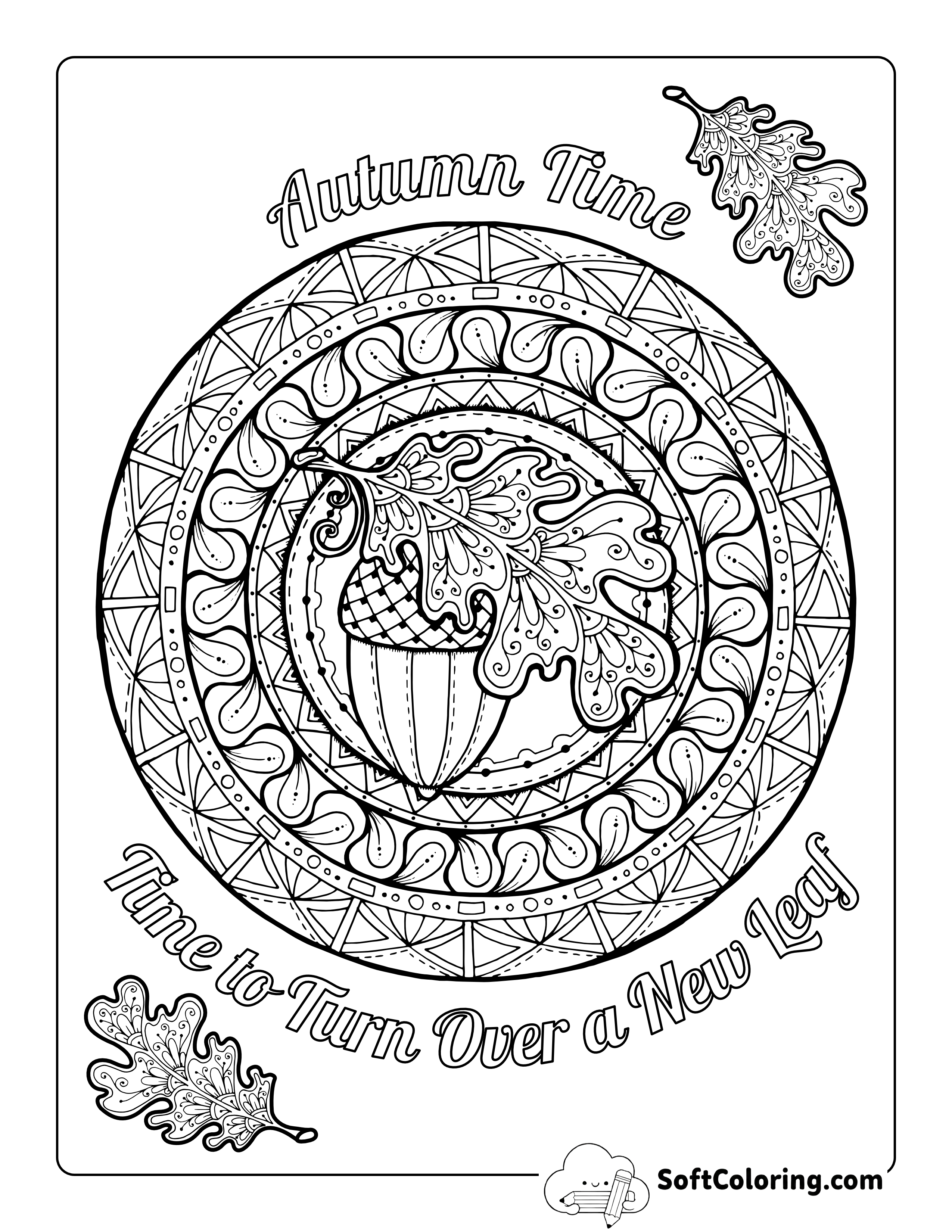 "Time to Turn Over a New Leaf" Fall Mandala Coloring Page