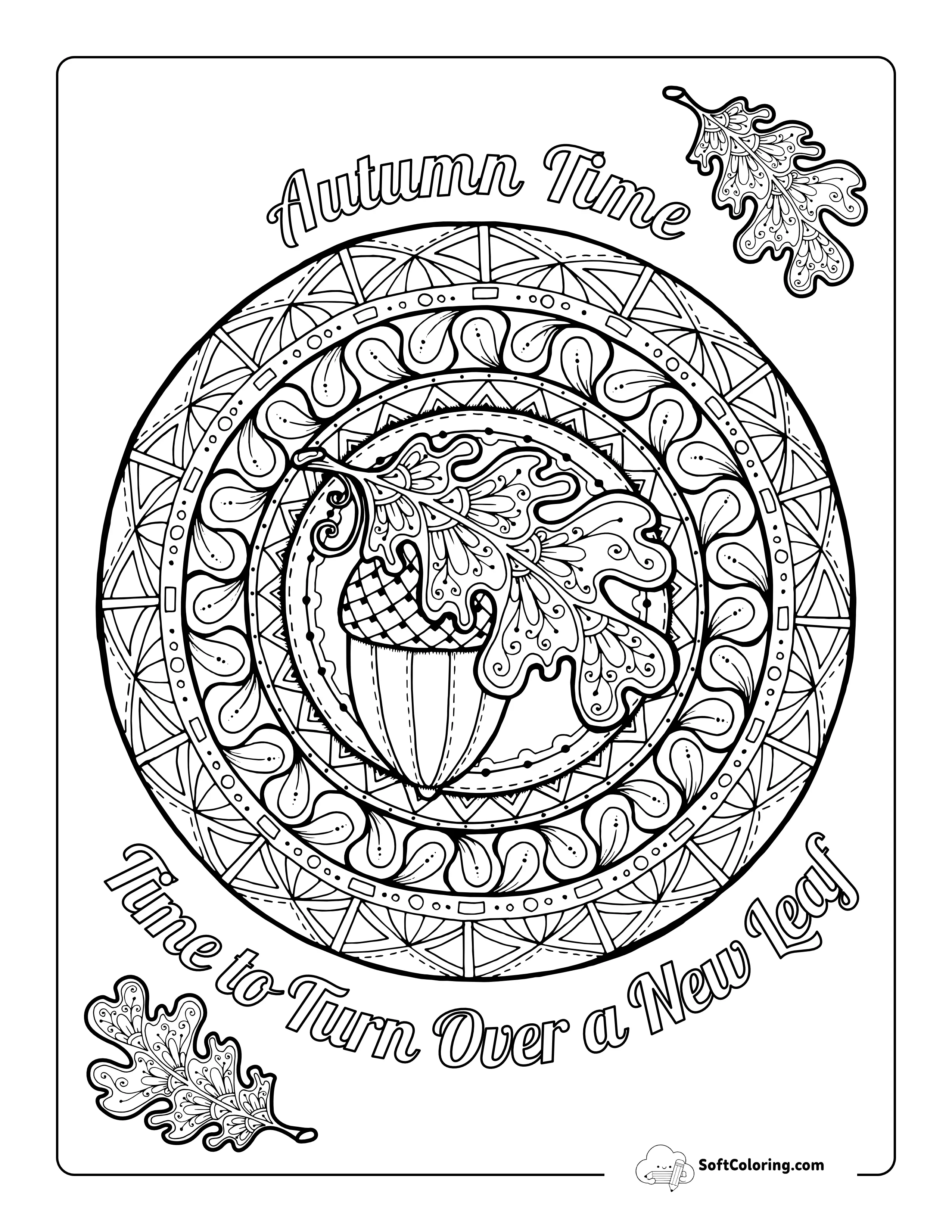 "Time To Turn Over A New Leaf" Fall Mandala Coloring Page
