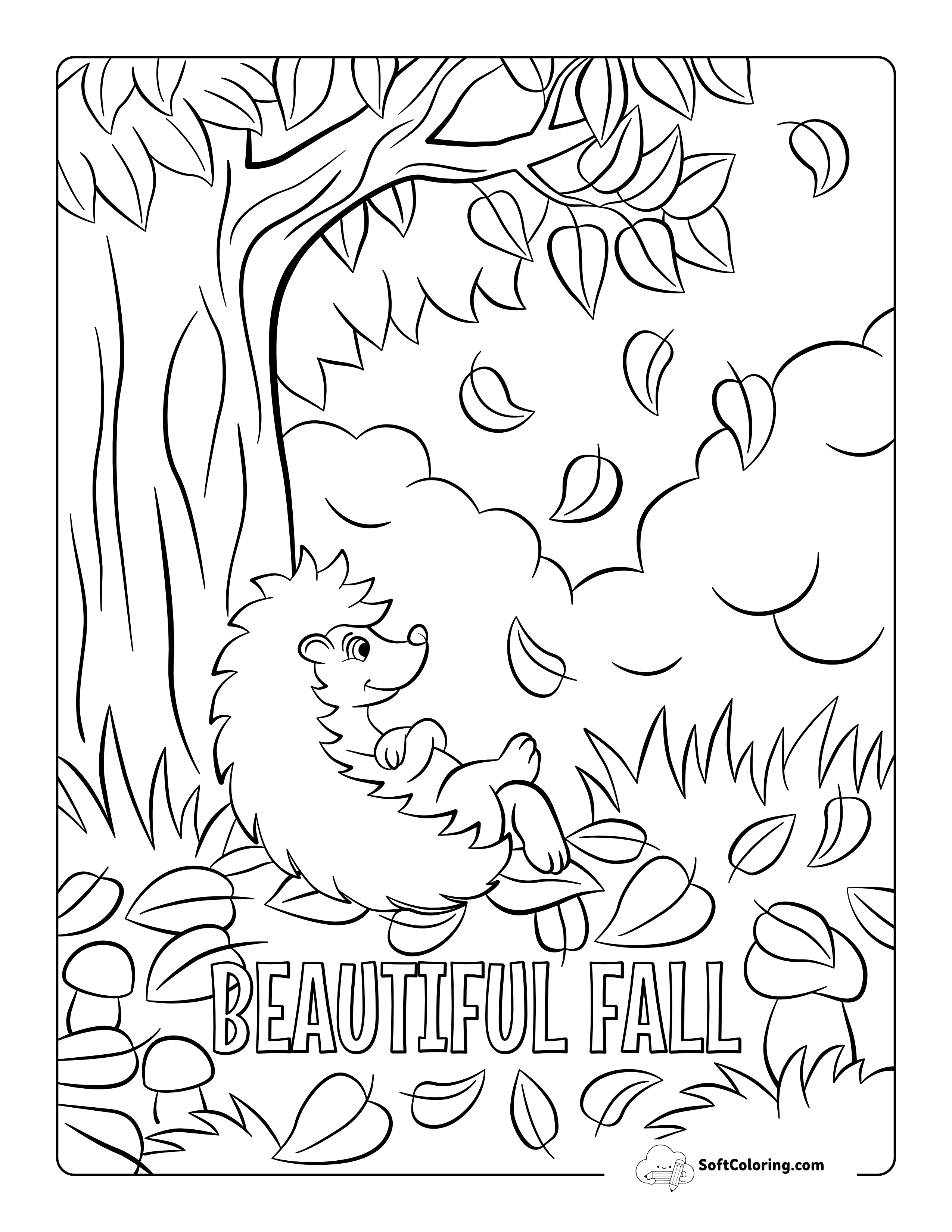 Cute Fall Hedgehog And Tree Coloring Page For Kids