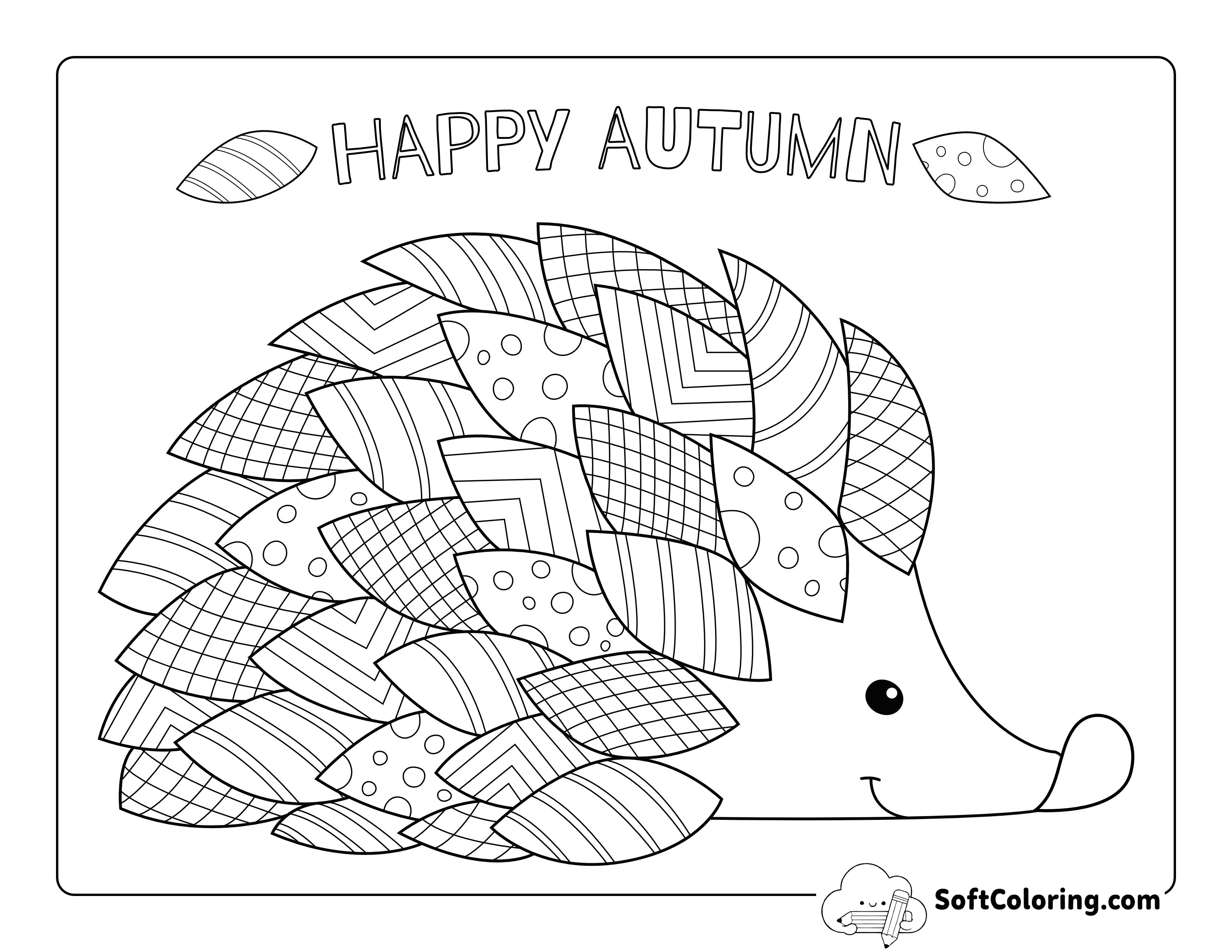 Hedgehog "Happy Autumn" Fall Coloring Page for Seniors