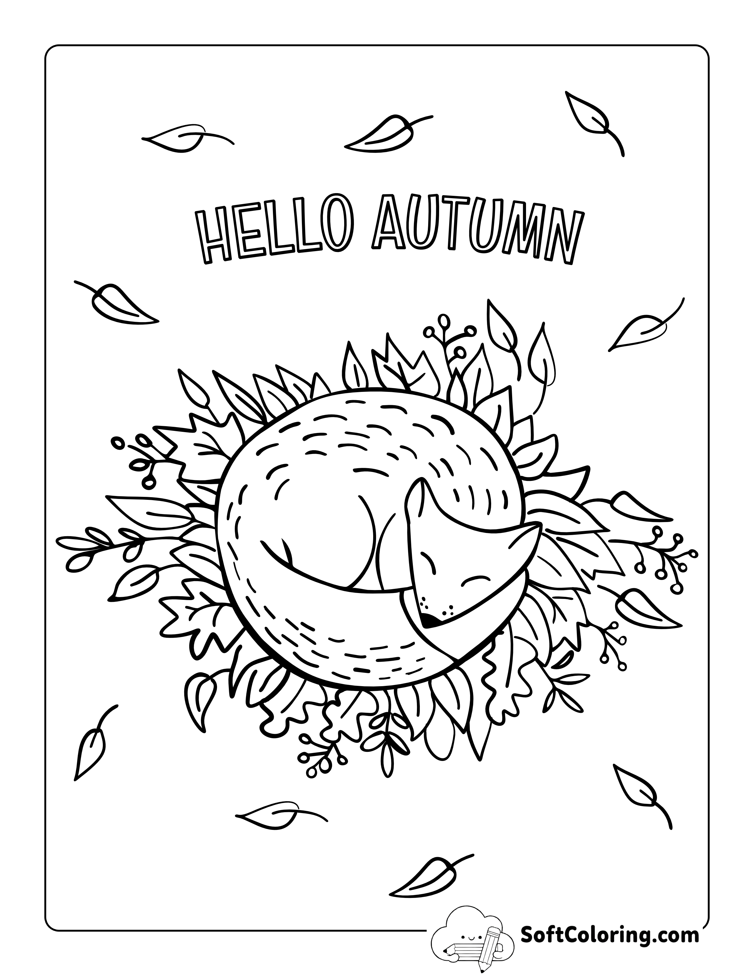 "Hello Autumn" Sleepy Fox In Leaves Coloring Page