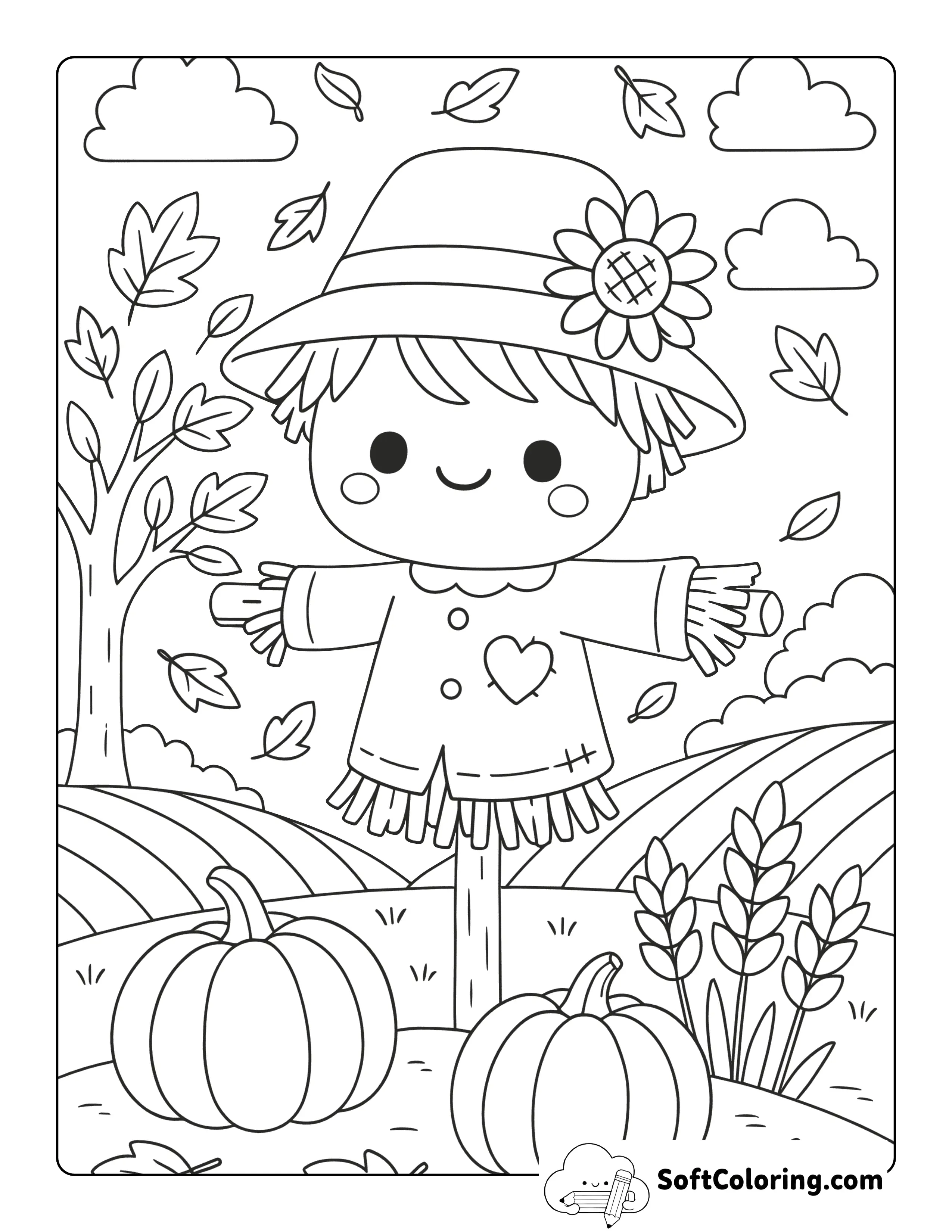 New Kawaii Scarecrow In Field Fall Coloring Sheet For Kids