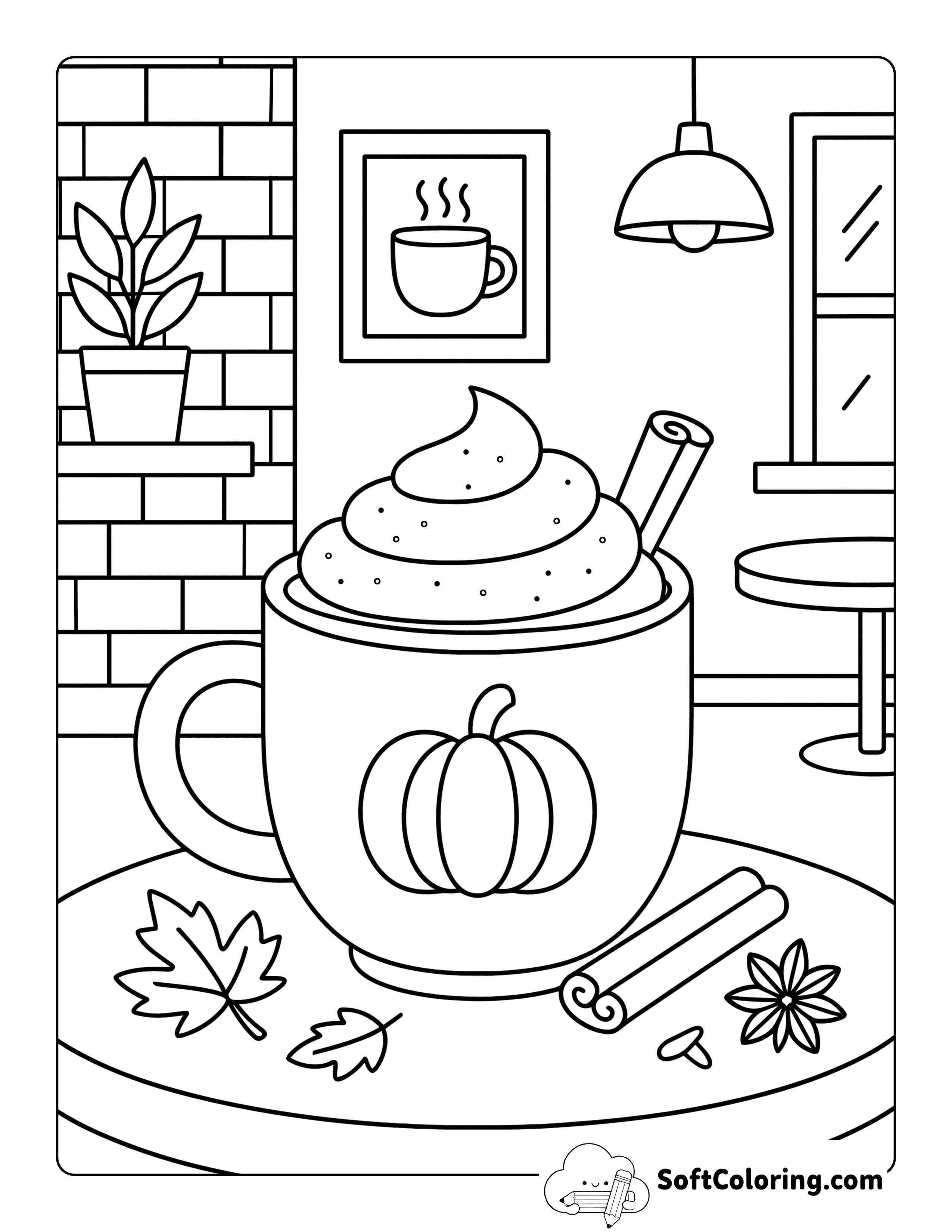 New Cute Pumpkin Spice Latte Cozy Fall Coloring Page