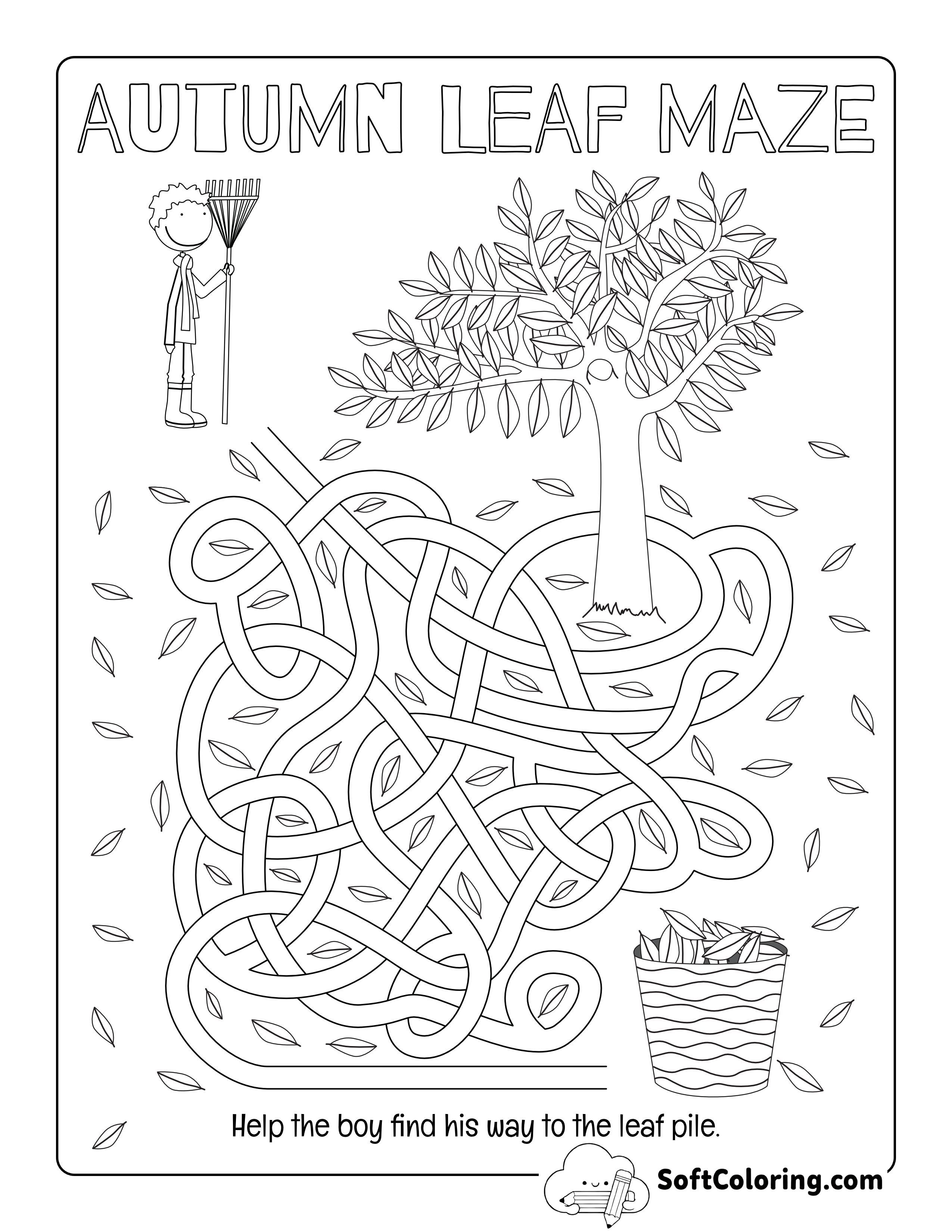 "Autumn Leaf Maze" Coloring Page For Kids