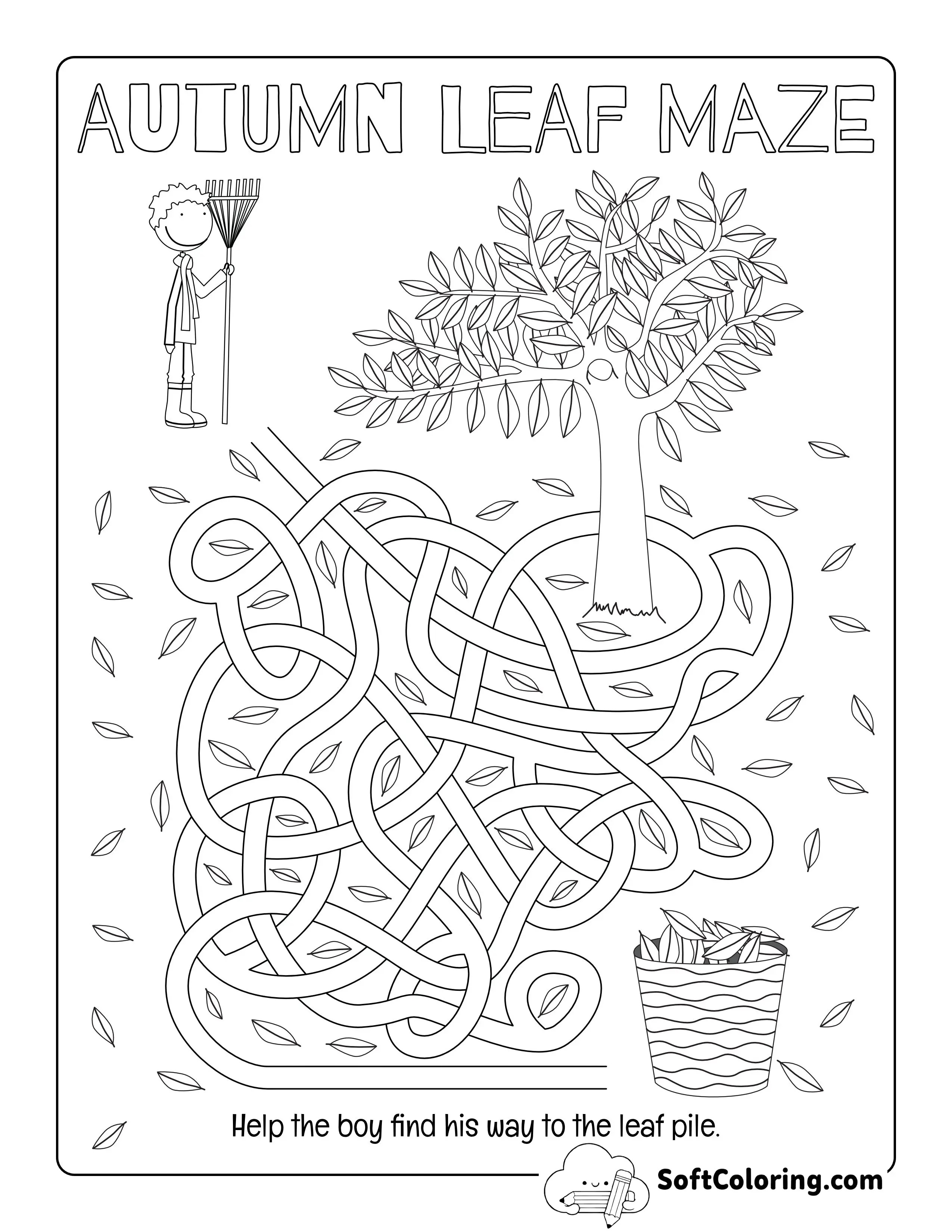 "Autumn Leaf Maze" Coloring Page For Kids