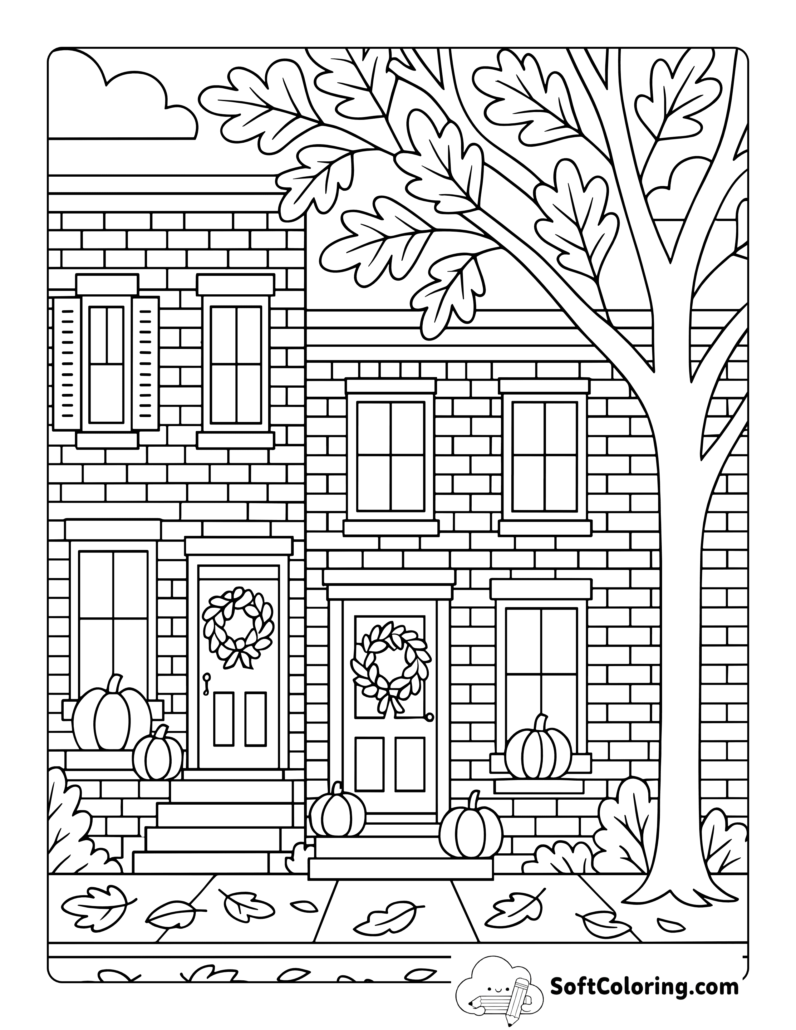 New Cute Houses Decorated For Fall Coloring Sheet