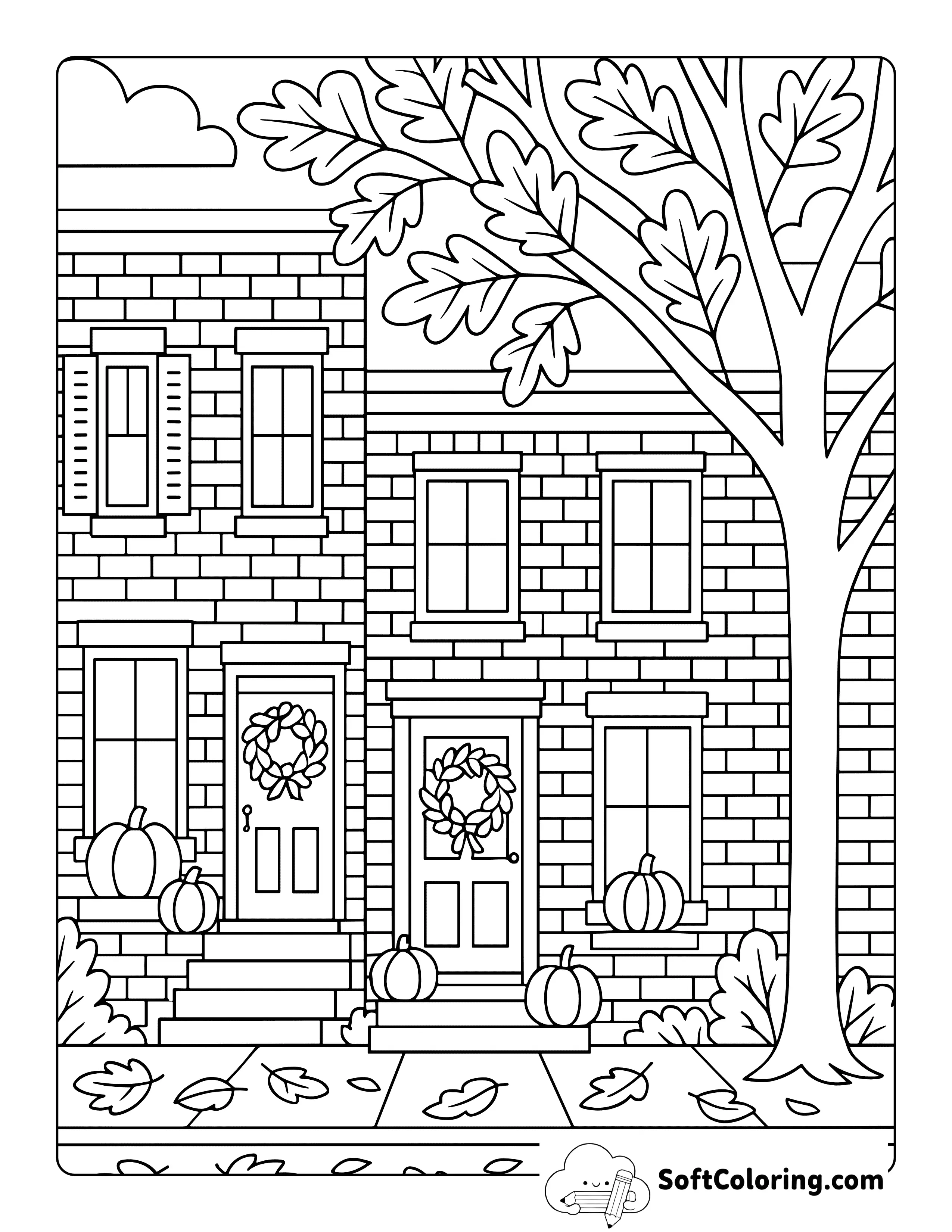 New Cute Houses Decorated For Fall Coloring Sheet