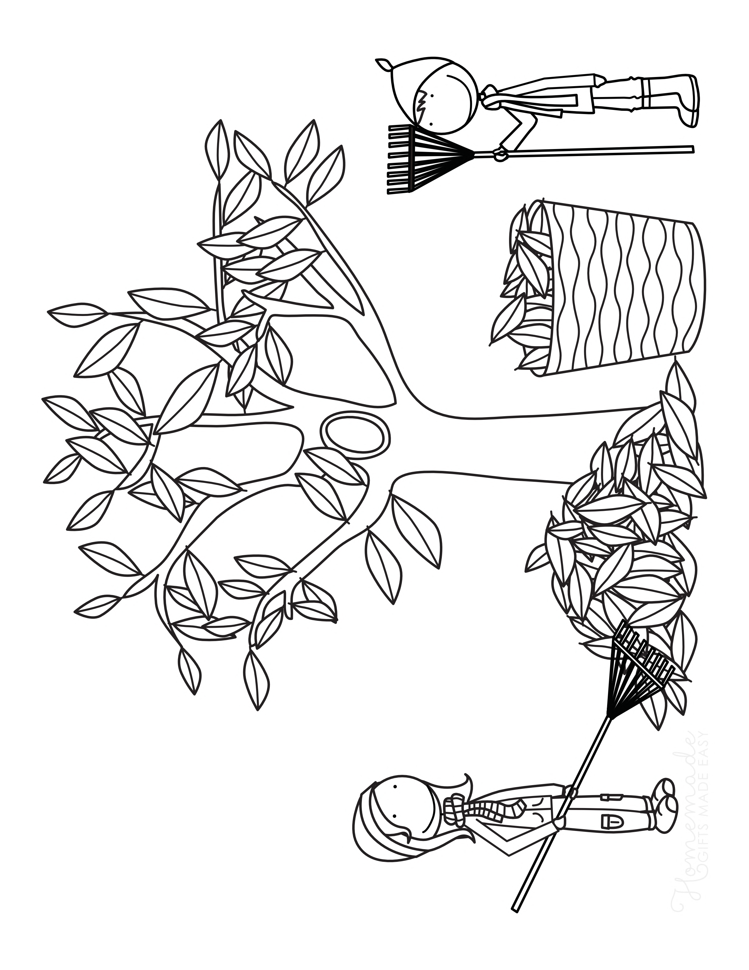 Raking Fall Leaves Autumn Tree Coloring Sheet