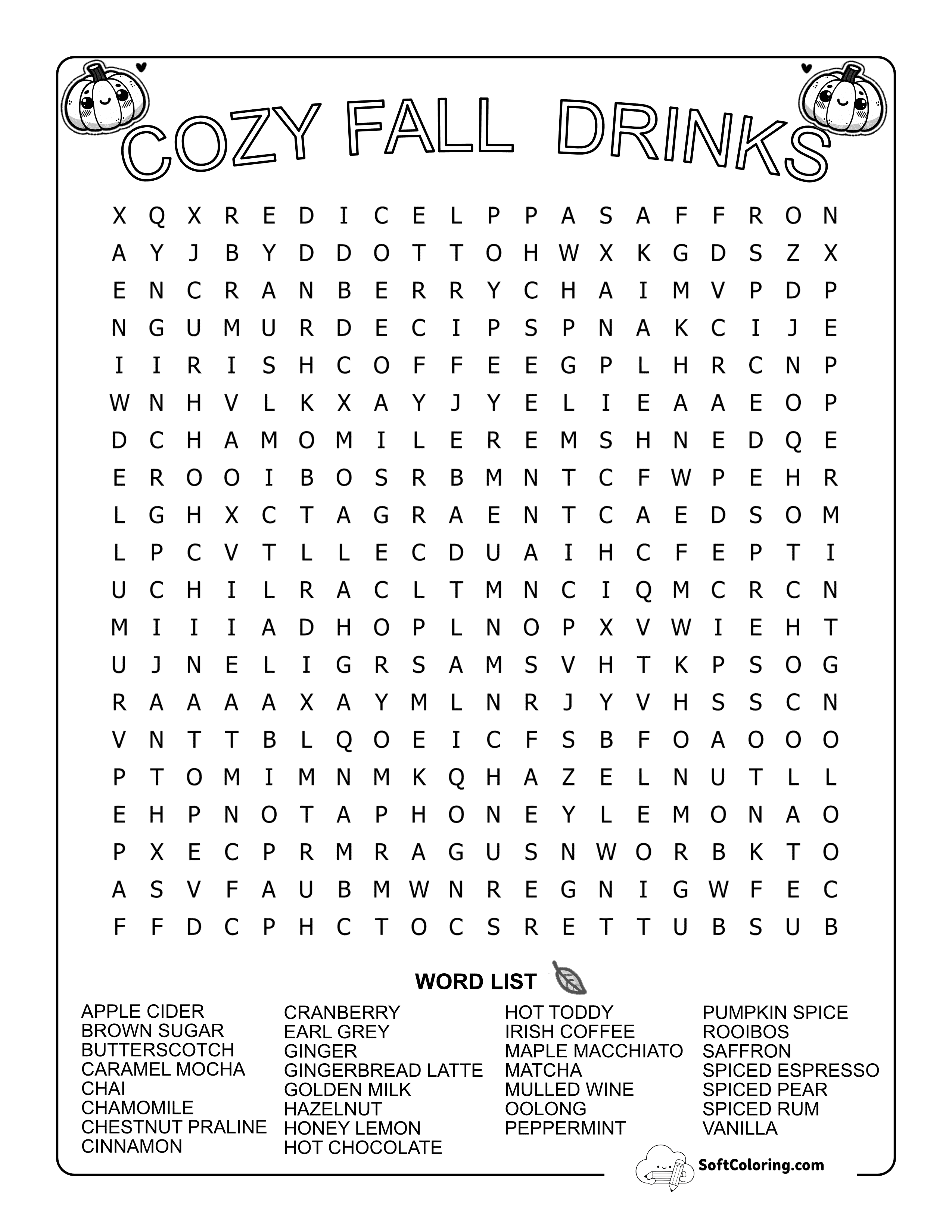 (New) Hard Cozy Fall Drinks Word Search