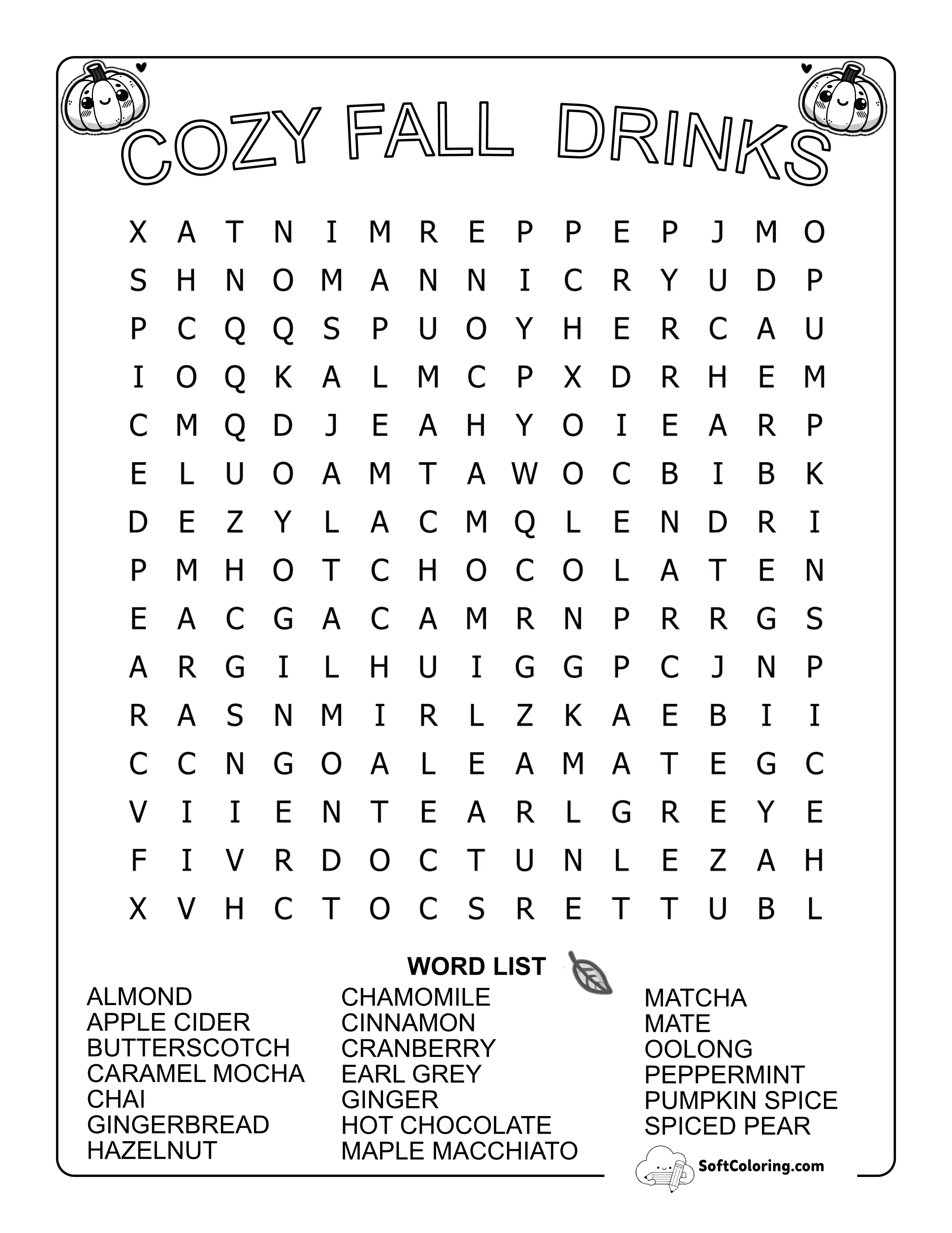 (New) Medium Cozy Fall Drinks Word Search