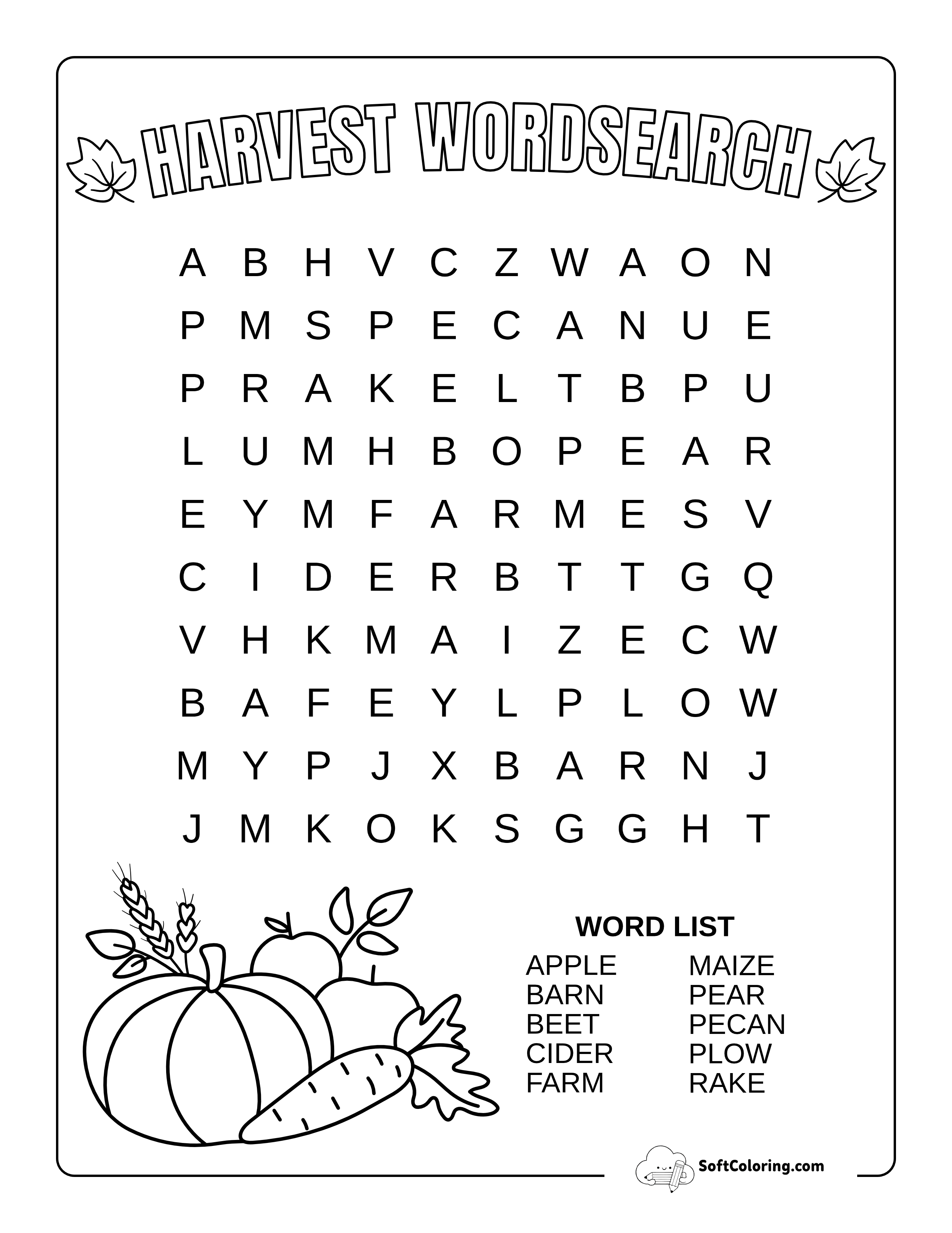 Easy Harvest-Themed Fall Word Search
