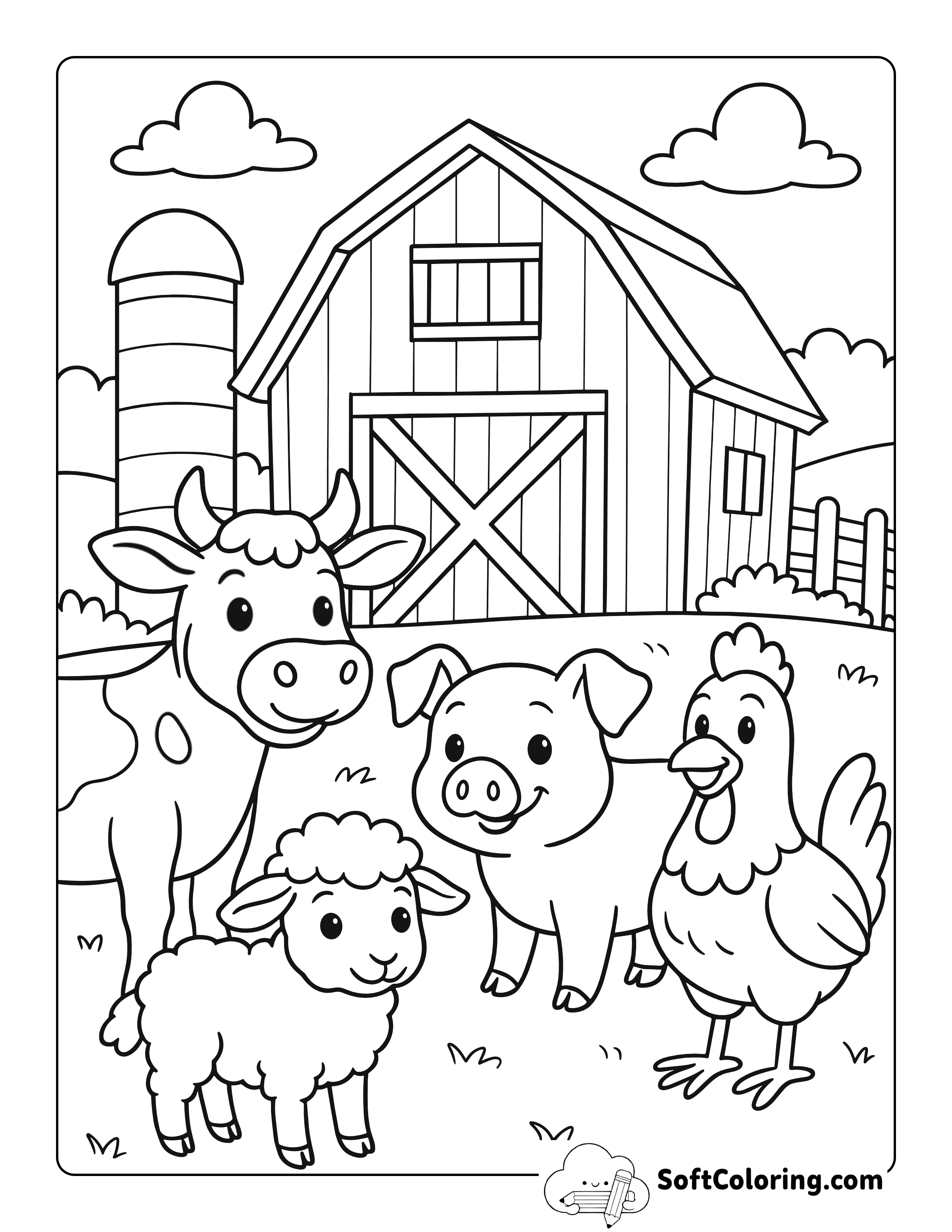 Cute Animal Friends in Front of Barn - Farm Animal Coloring Pages
