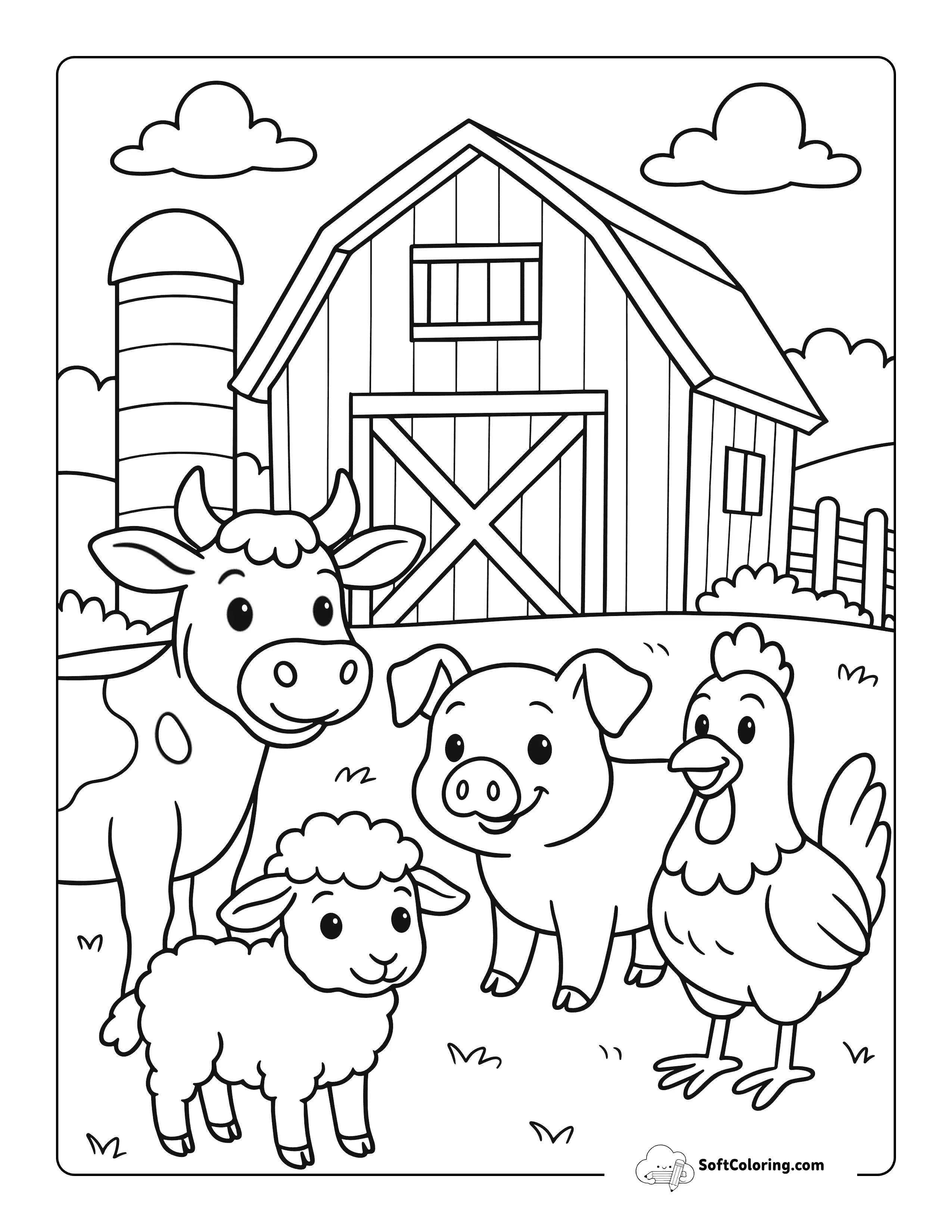 Cute Animal Friends In Front Of Barn - Farm Animal Coloring Pages