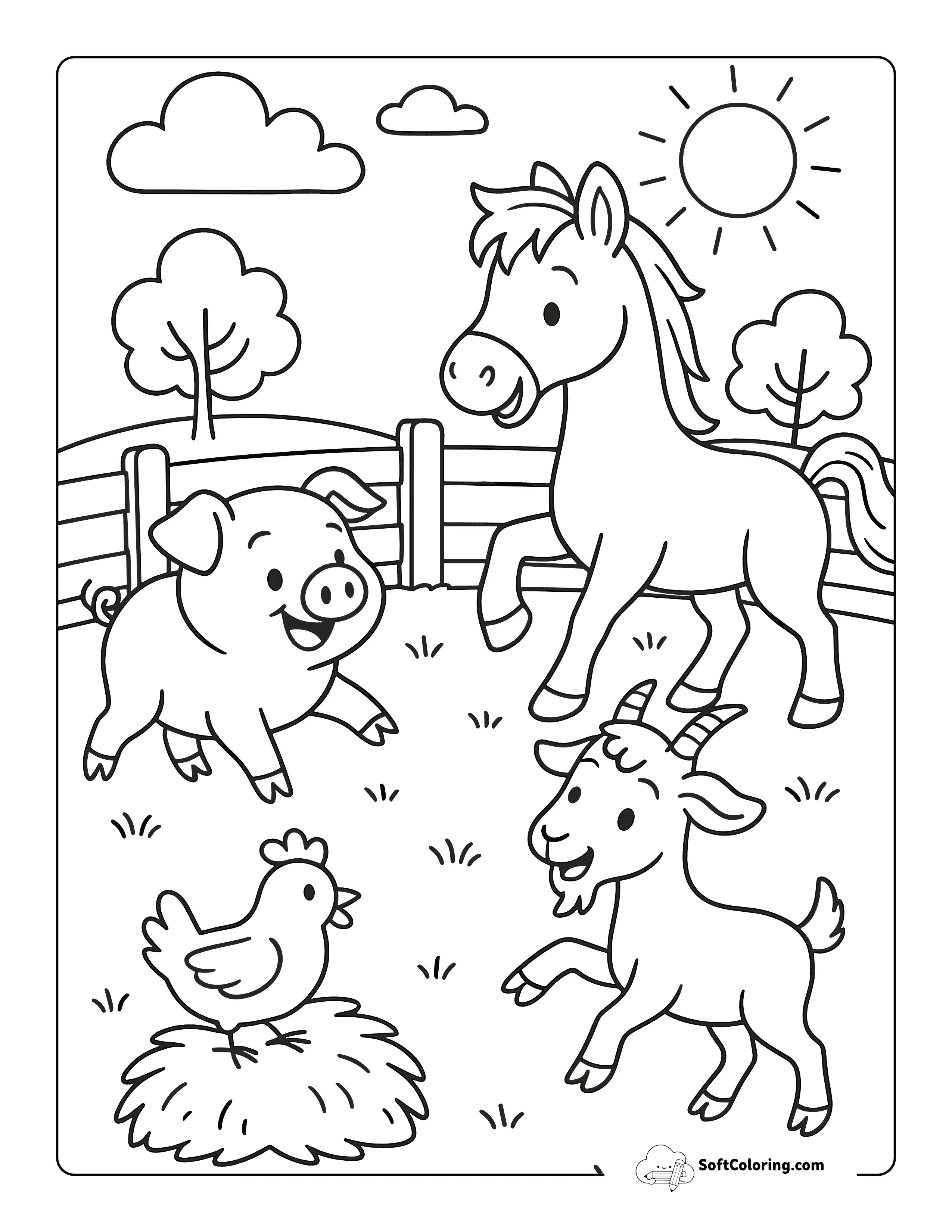 Cute Farm Animals Playing Together Coloring Page