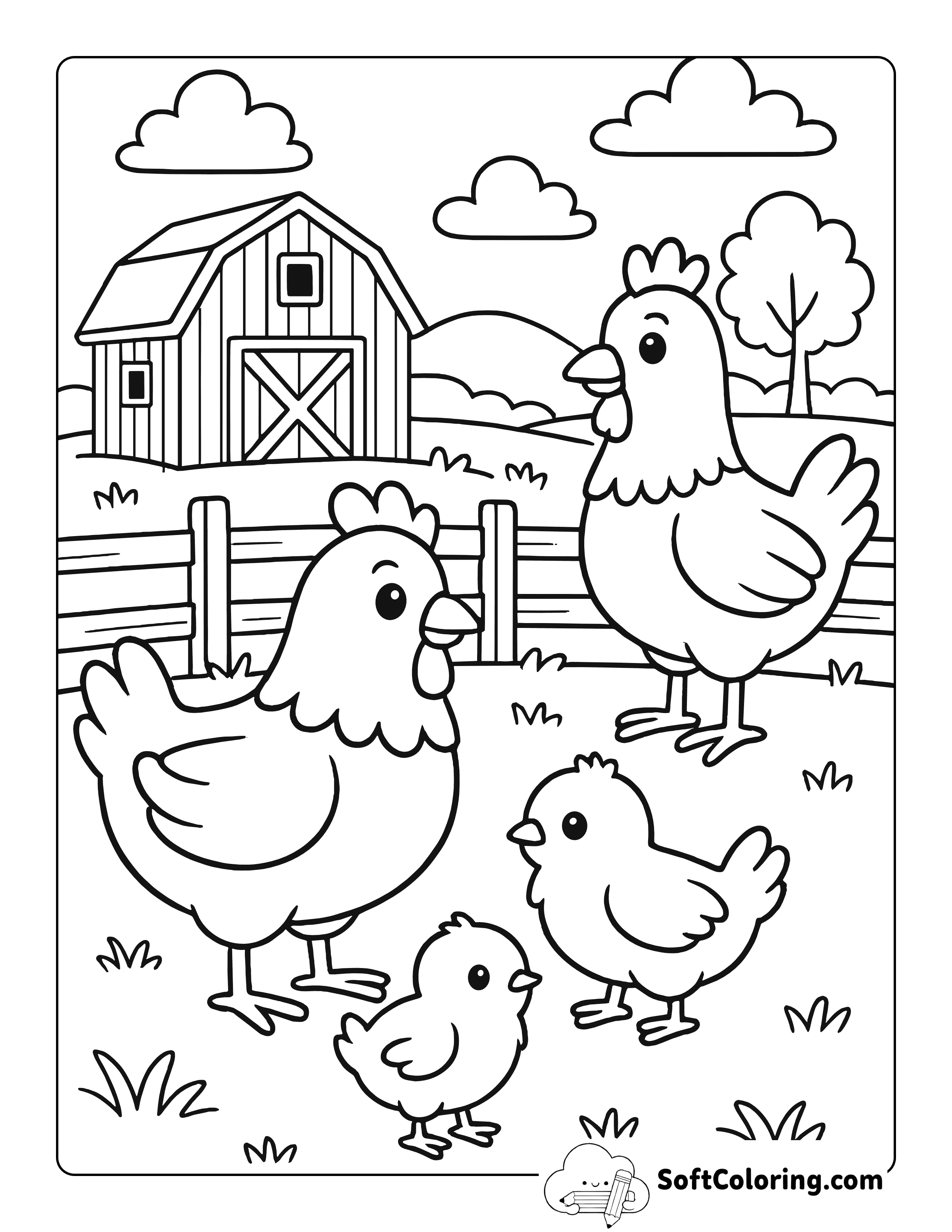 Cute Chickens and Barn Farm Animal Coloring Page