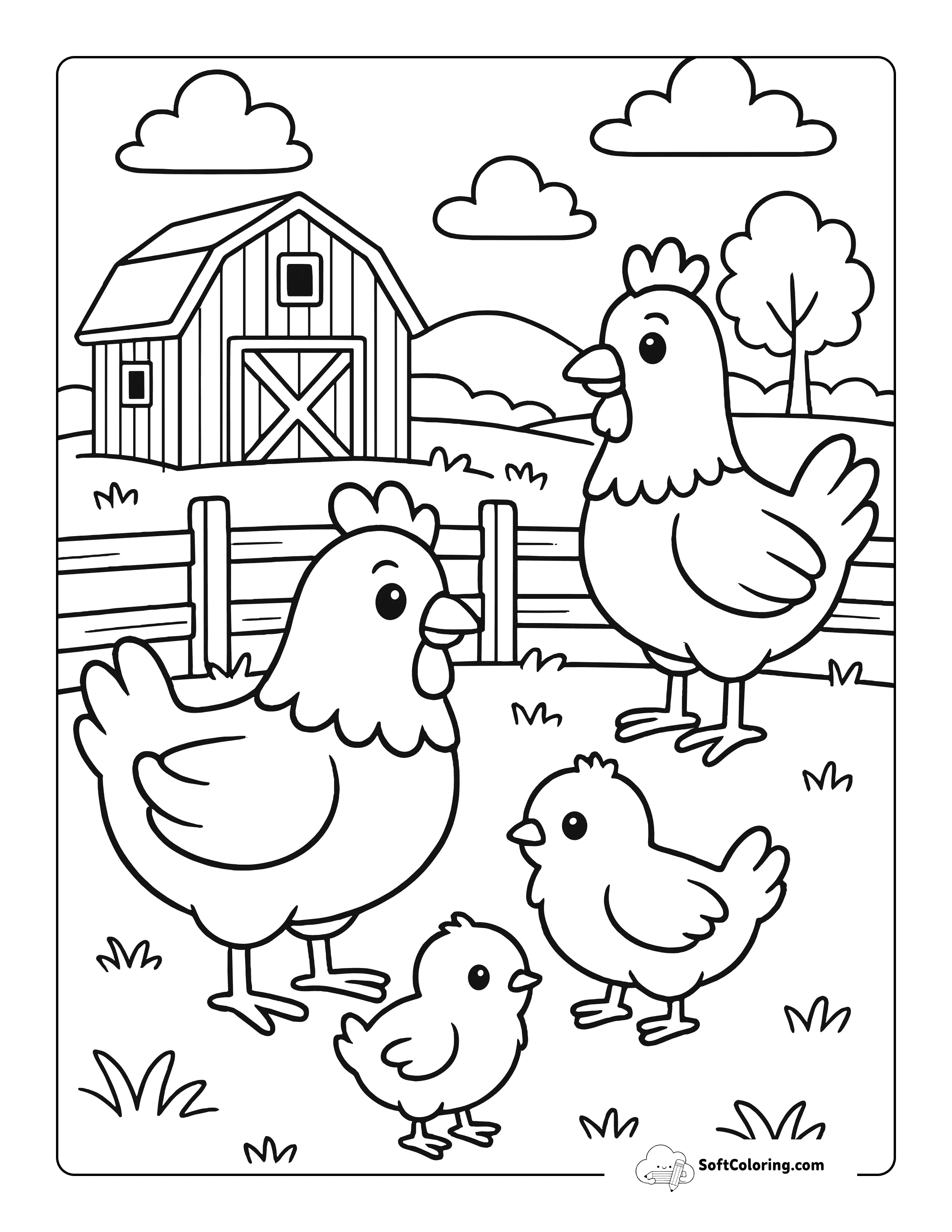Cute Chickens And Barn Farm Animal Coloring Page