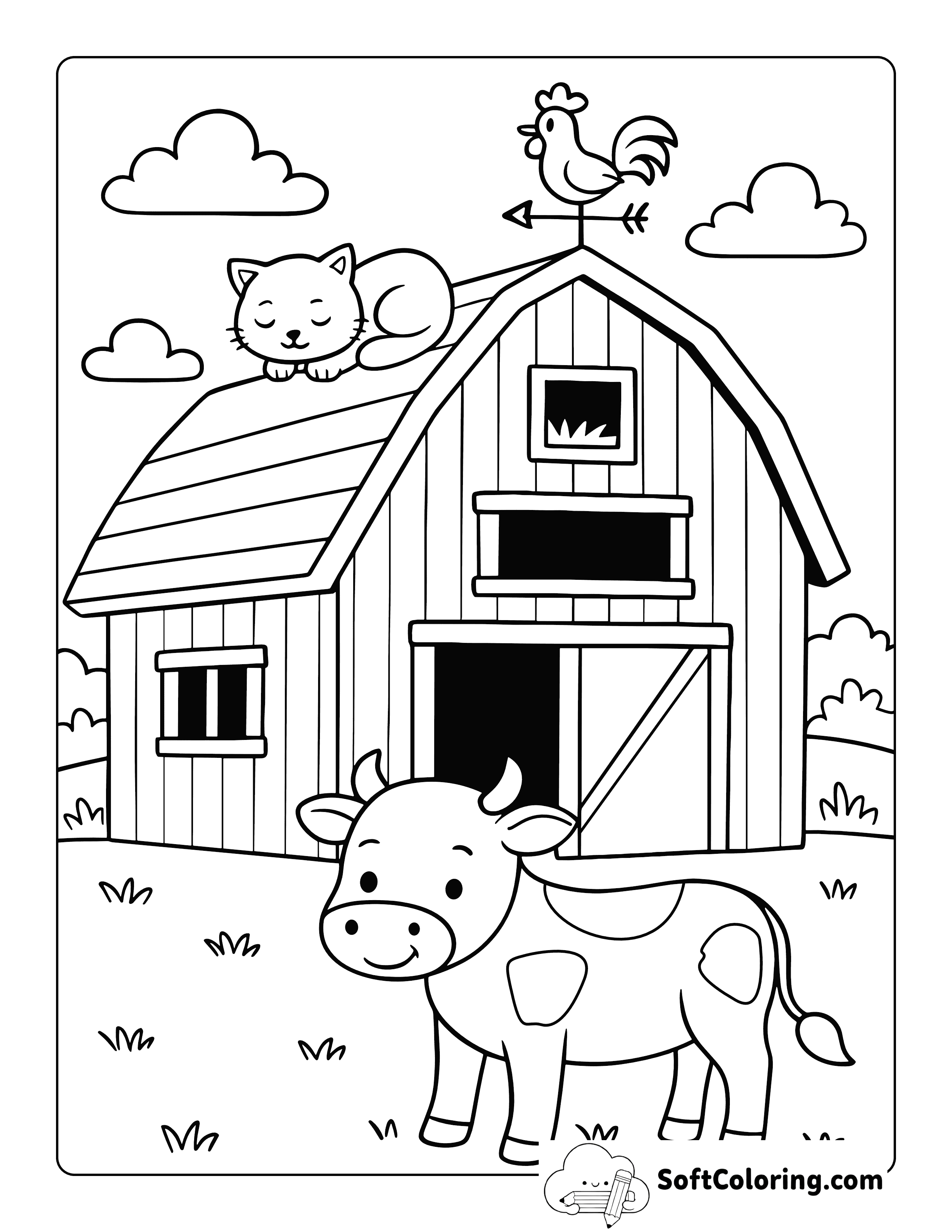 Cute Cow and Cat on Barn Farm Animal Coloring Sheet