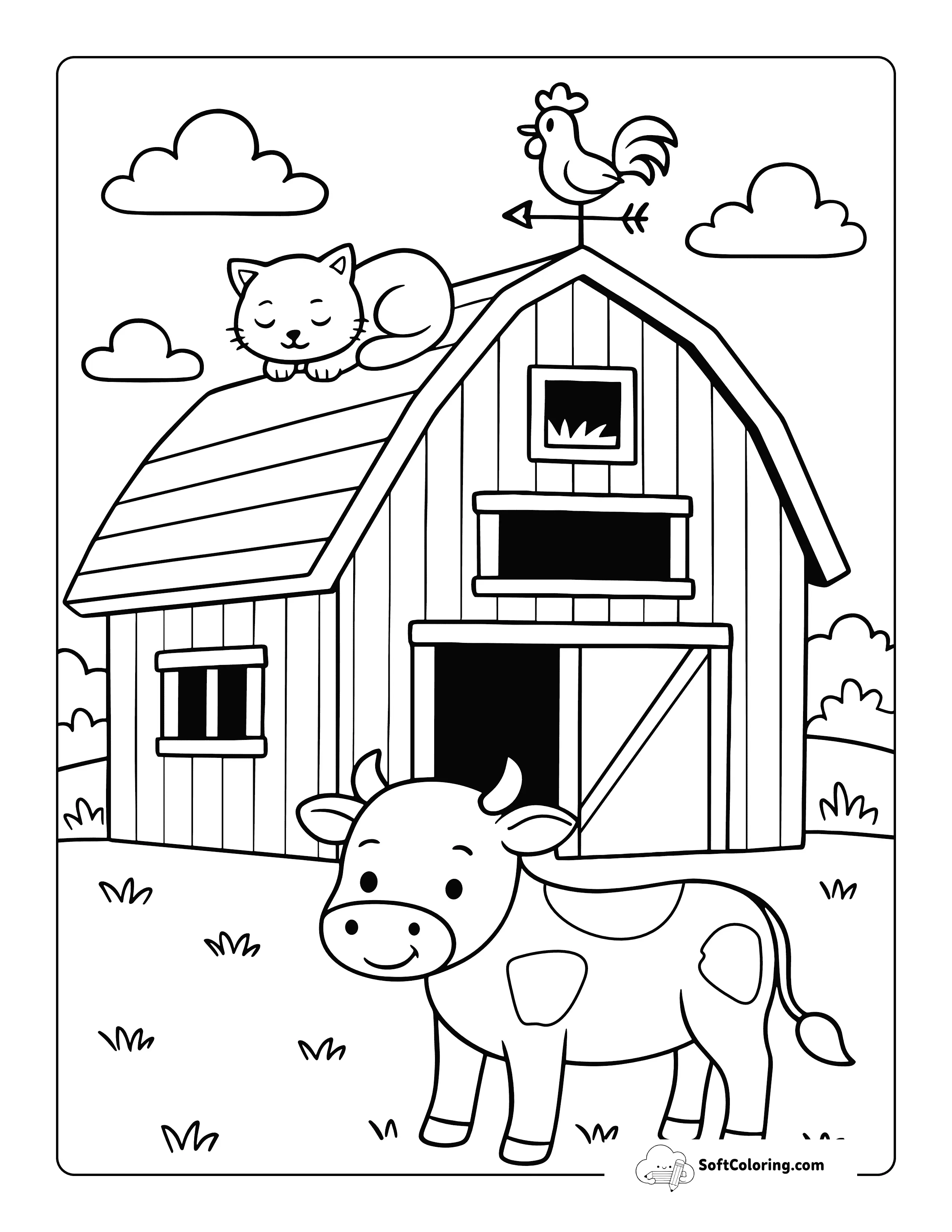 Cute Cow And Cat On Barn Farm Animal Coloring Sheet