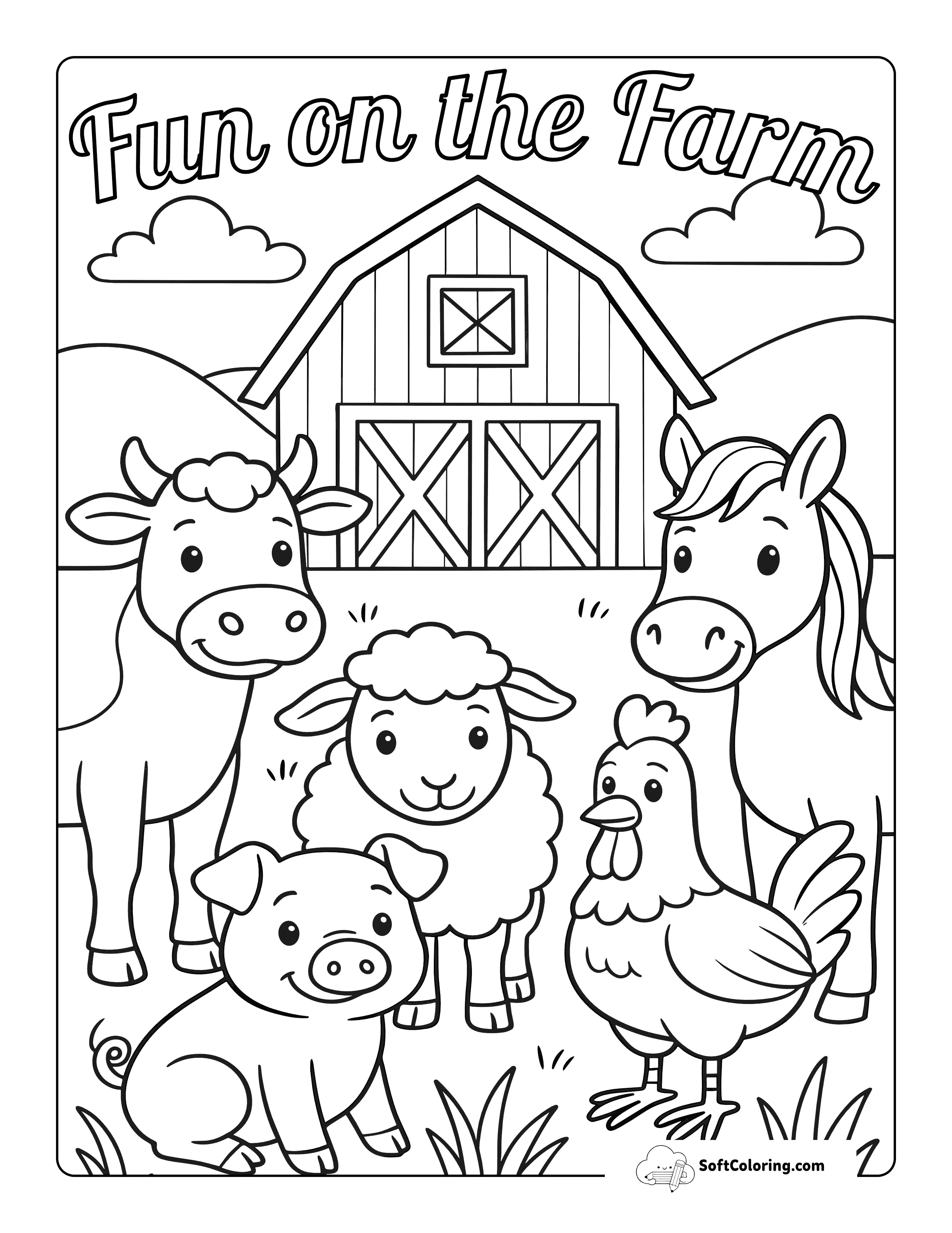 "Fun On The Farm" Cute Animals Coloring Page