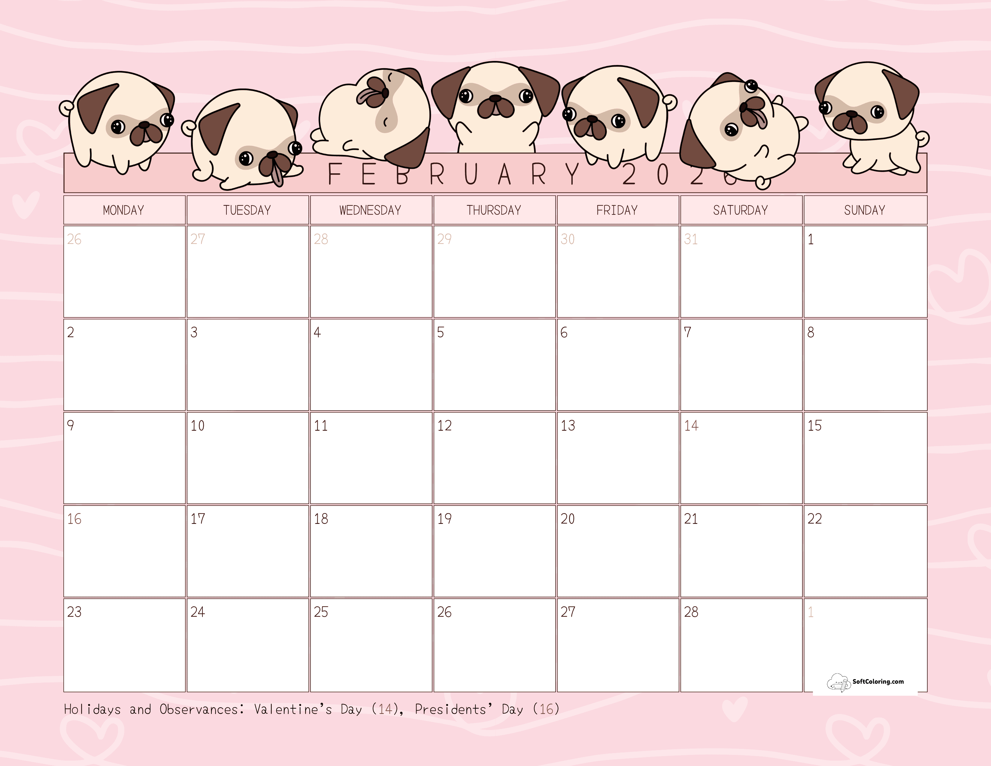 Pugs - February 2026 Monday Calendar