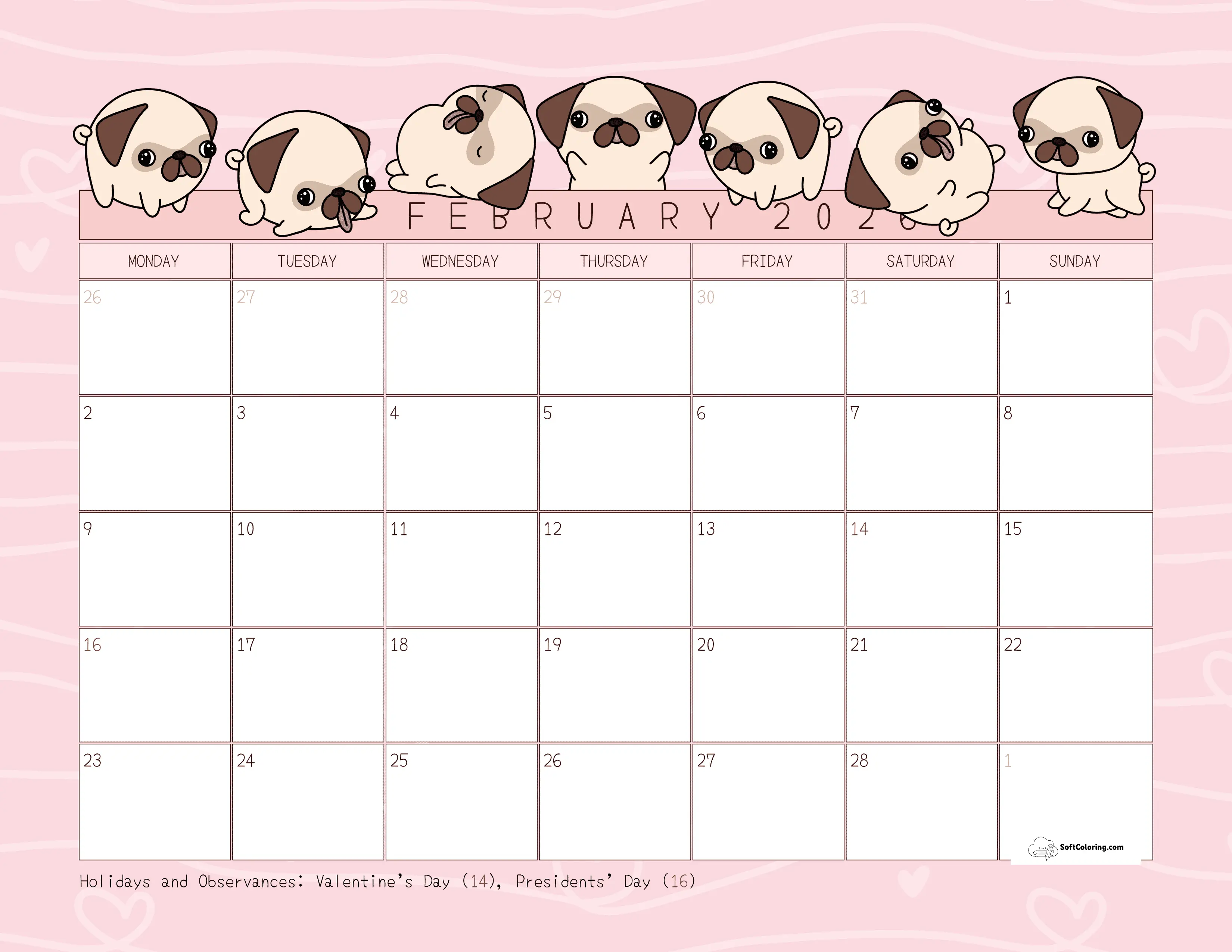 Pugs - February 2026 Monday Calendar