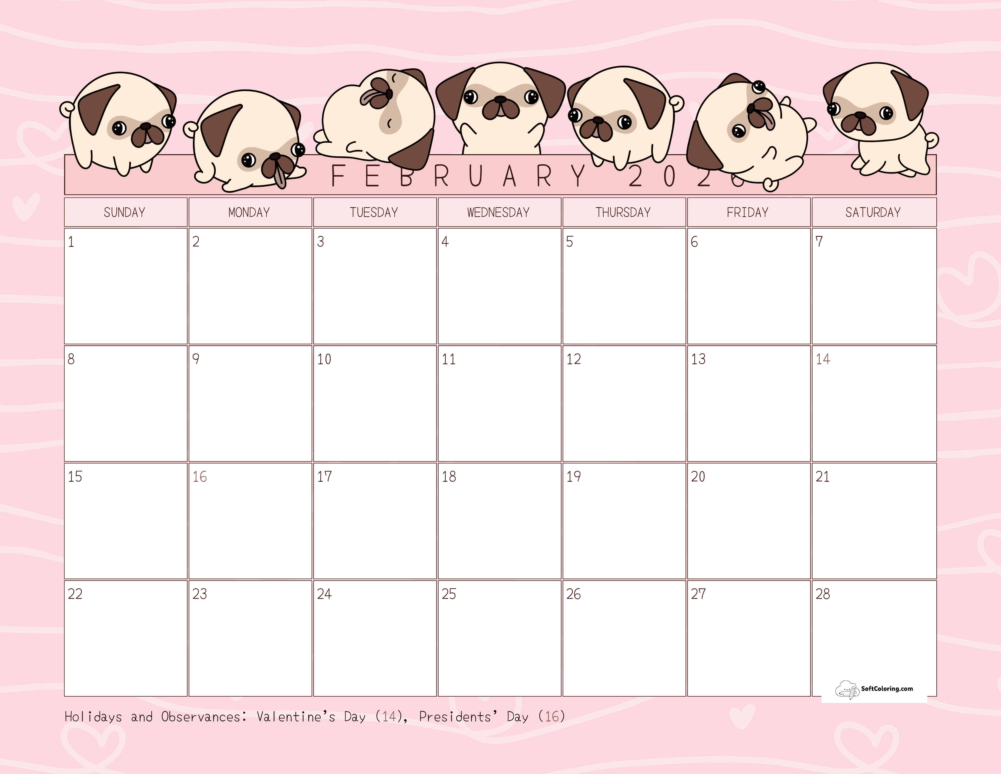 Cute Pugs Printable February 2026 Downloadable Calendar